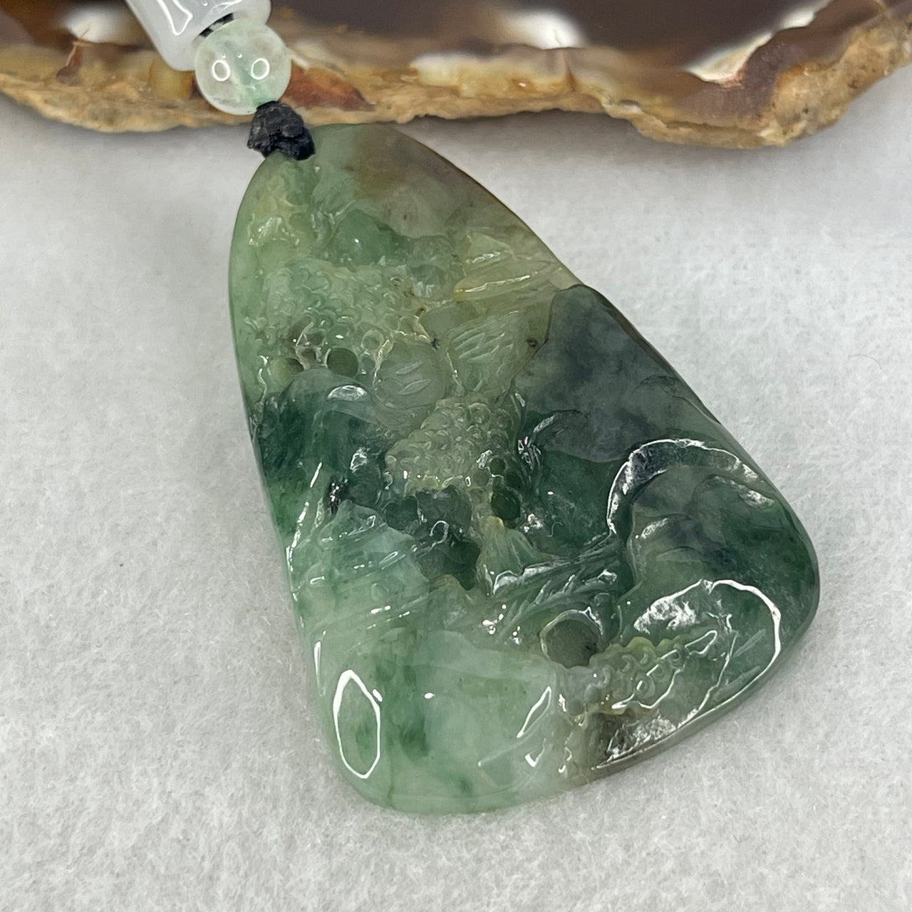 Type A Semi Icy Green Lavender Yellow Piao Hua Jadeite Double Sided Shan Shui with Gui Ren Benefactor Pendant 18.43g 40.8 by 34.1 by 6.2mm