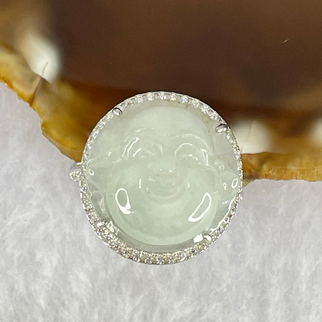 Type A Faint Lavender Green Jadeite Milo Buddha in S925 Ring (Adjustable Size) 6.28g 16.6 by 16.6 by 9.2mm