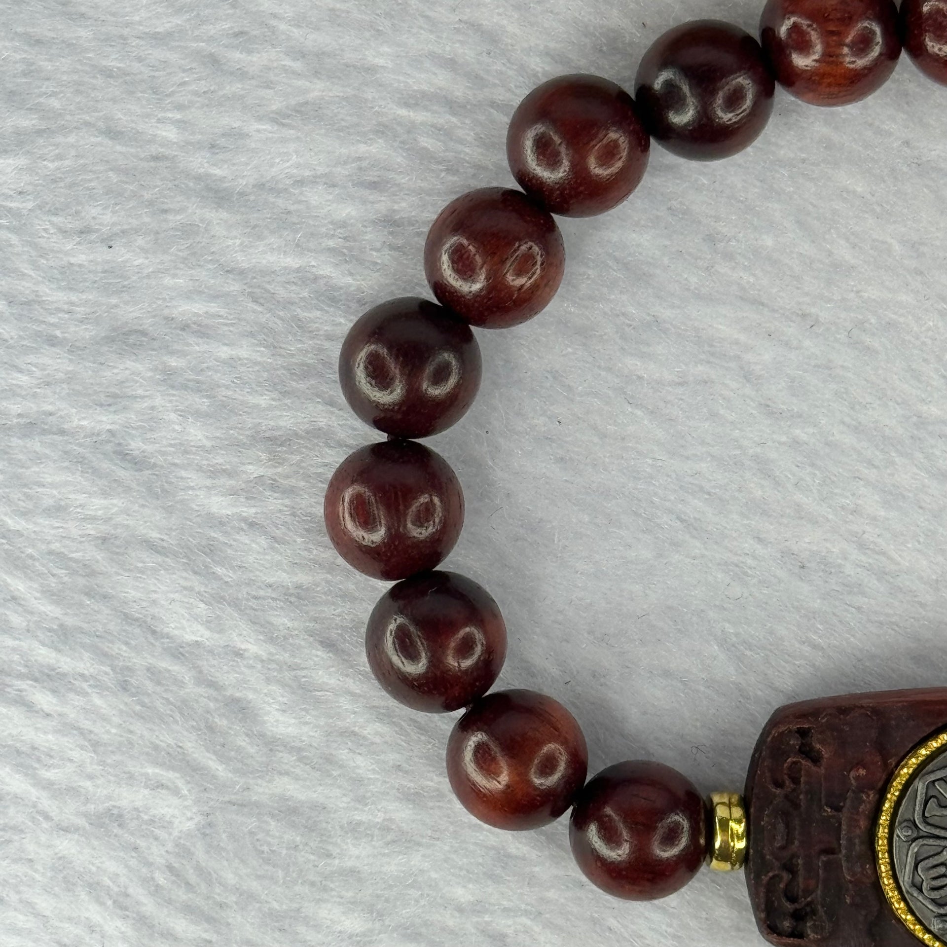 Natural Blood Zitan Beads with Rotating Turquoise Om Mani Padme Hum Powerful Mantra Bracelet 天然血檀木旋转唵嘛呢叭咪吽手链 10.86g 15cm 8.3mm 18 Beads / 30.1 by 17.5 by 6.8mm - Huangs Jadeite and Jewelry Pte Ltd