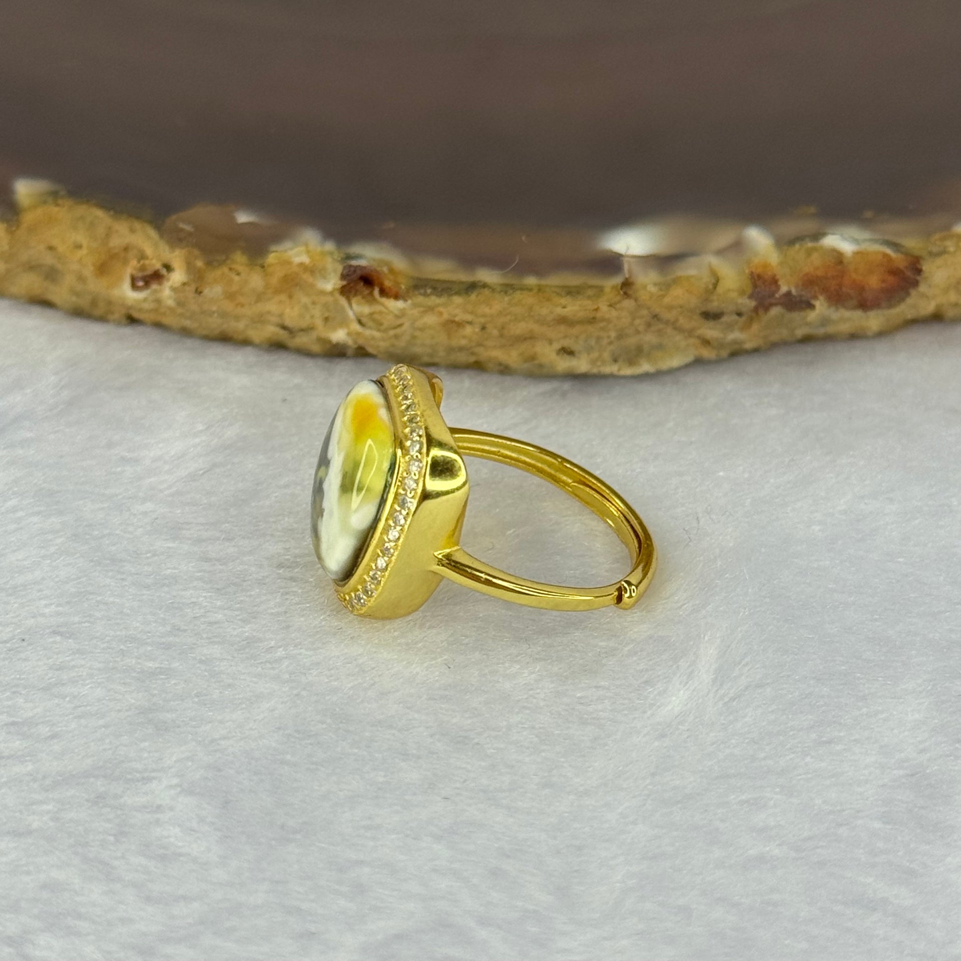 Natural Amber with Crystals in925 Silver in Gold Color Ring 蜜蜡飘白花925银戒指 3.08g 12.4 by 2.0mm - Huangs Jadeite and Jewelry Pte Ltd