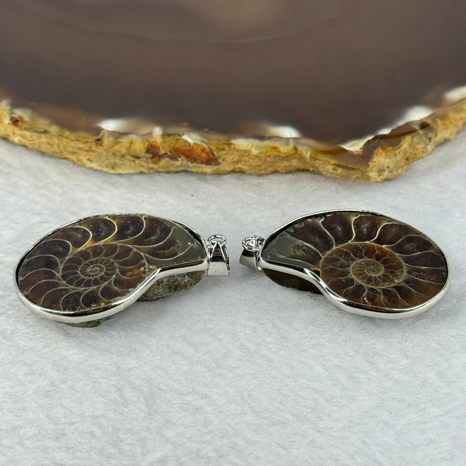 Natural Ammolite Fossil In Sliver Pendent/Charm Pair Total Weight 17.80g Each About 14.6 by 12.1 by 3.5mm - Huangs Jadeite and Jewelry Pte Ltd