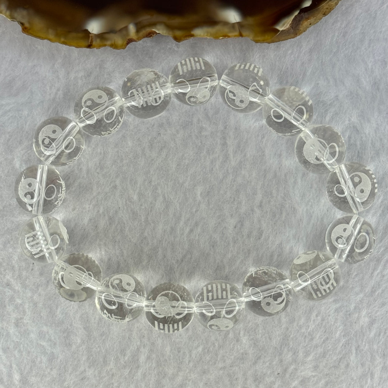 Natural Clear Quartz Beads with Inscription Bracelet 42.26g 17.5cm 12.3mm 17 Beads