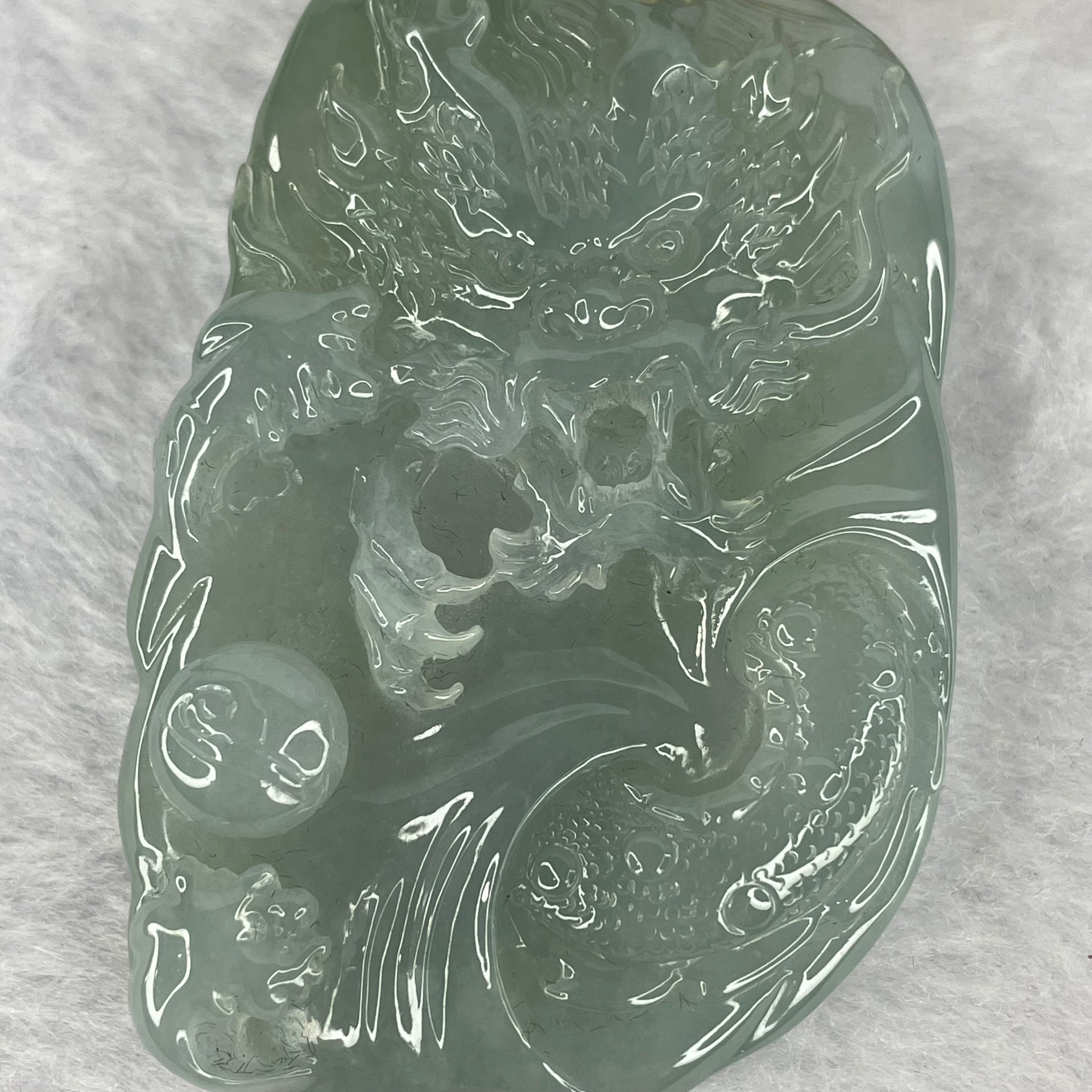 Rare Type A Semi Icy Translucent Sky Blue (Faint Blueish Green) Jadeite Dragon Pendant including Necklace 罕见A货冰糯总天空蓝翡翠龙牌 65.11g 65.67 by 41.90 by 12.10mm with NGI Cert No. 82823873 - Huangs Jadeite and Jewelry Pte Ltd