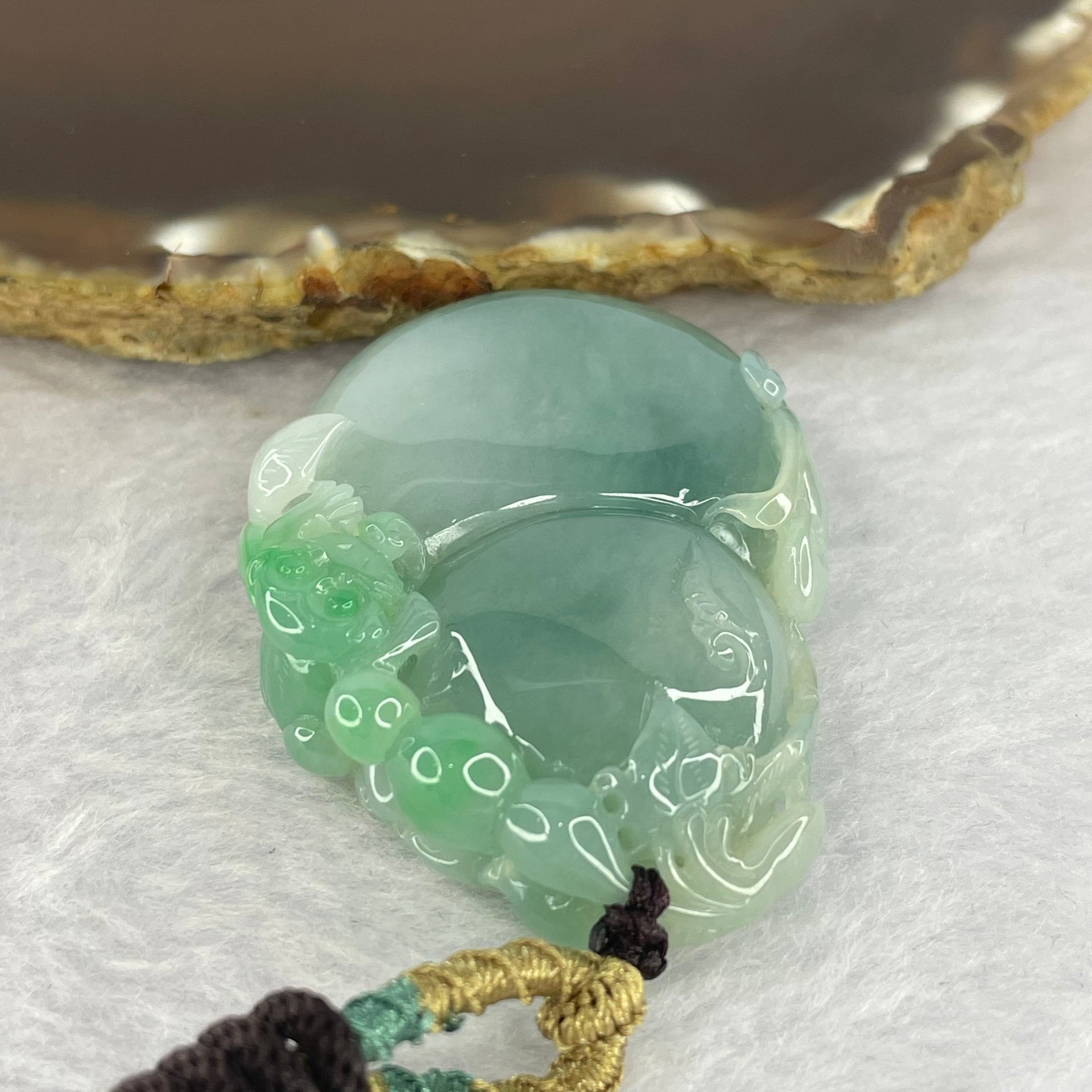 Grand Master Type A Sky Blue with Bright Green Hulu with Monkey & Ruyi 38.25g 50.0 by 36.7 by 11.4mm with Wooden Stand - Huangs Jadeite and Jewelry Pte Ltd