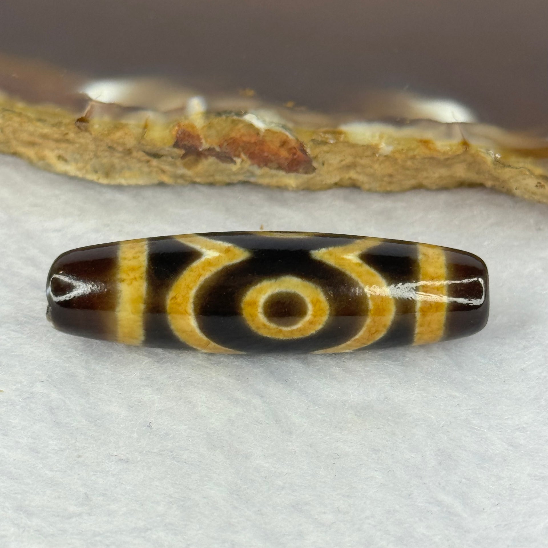 Natural Powerful Tibetan Old Oily Agate 3 Eyes Dzi Bead Heavenly Master (Tian Zhu) 三眼天诛 7.44g 39.5 by 11.2mm - Huangs Jadeite and Jewelry Pte Ltd