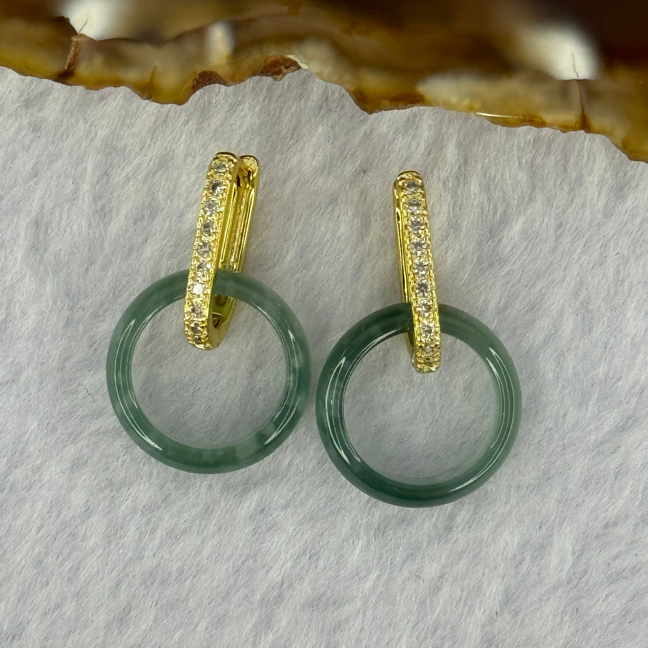 Type A Icy Blueish Green Jadeite Ping An Kou Donut in Gold Color Earrings 2.72g 14.7 by 3.7 by 2.5mm 2pcs