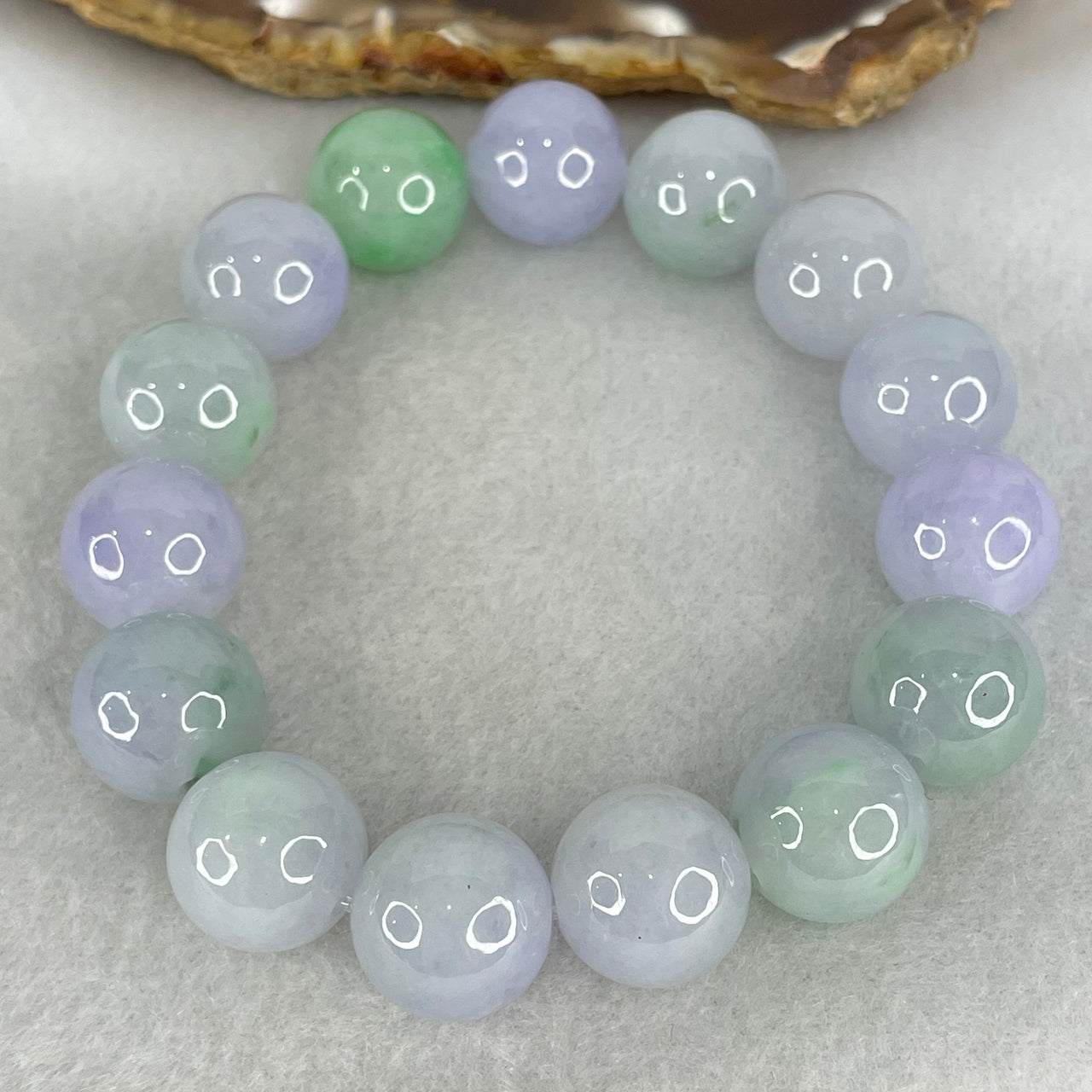 Good Grade Type A Lavender and Green Jadeite Beads Bracelet 66.76g 17cm by 13.8mm 15 Beads