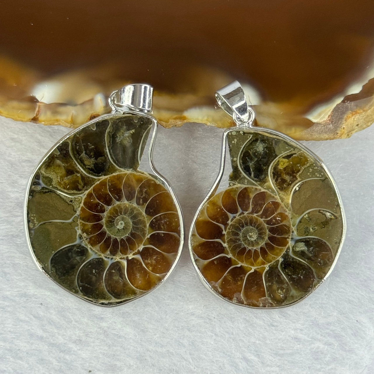 Natural Ammolite Fossil In Sliver Pendent/Charm Pair Total Weight 16.88g Each About 14.5 by 12.1 by 3.5mm - Huangs Jadeite and Jewelry Pte Ltd