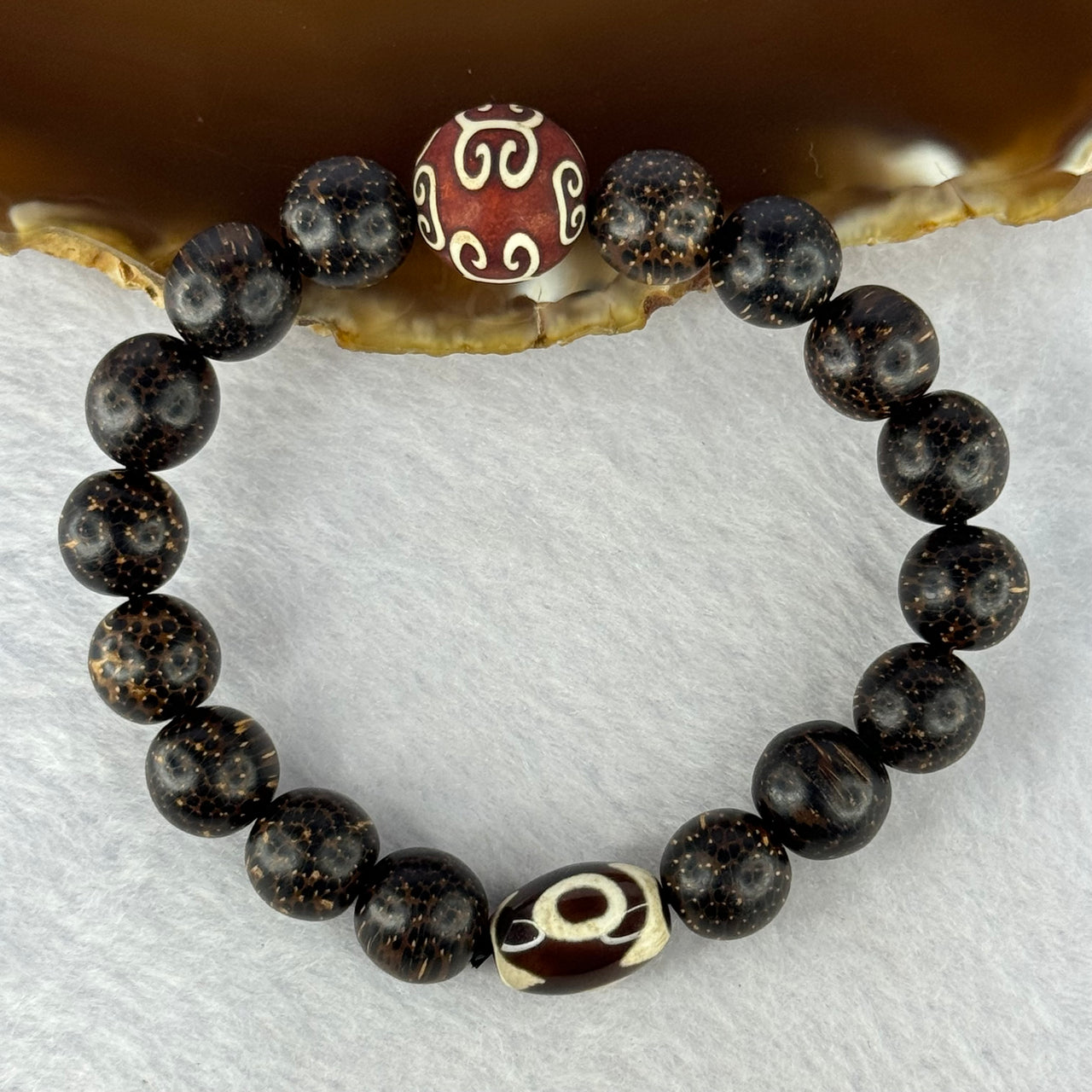 Natural Agarwood With 3 Eyes Dzi Bead Tian Zhu Beads Bracelet 天然沉香带三眼天珠手链 17.70g 16.5cm Dzi 14.4 by 10.1 and 14.0mm 1 Bead and 10.8mm 16 Beads - Huangs Jadeite and Jewelry Pte Ltd