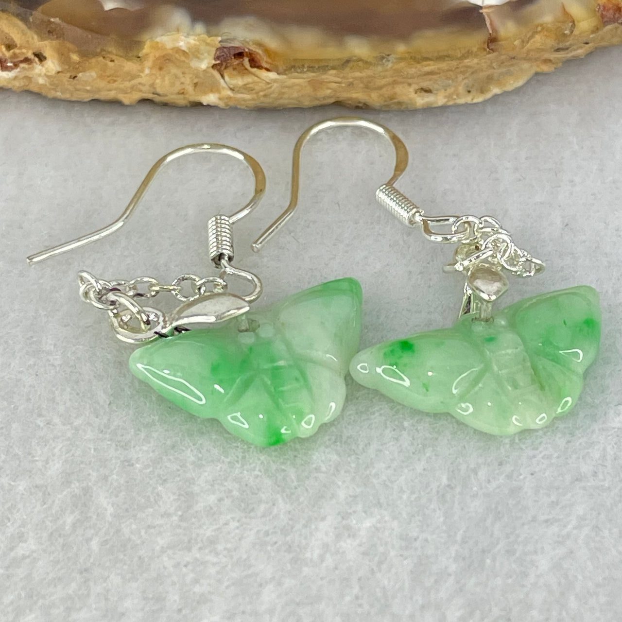 Type A Light Apple Green with Spicy Green Spots Jadeite Butterfly in S925 Sliver Earrings 2.75g 18.8 by 9.3 by 3.5mm