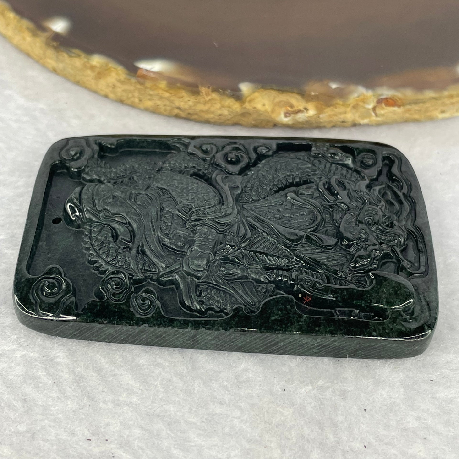 Type A Partial Translucent Black Omphasite Jadeite Guan Gong with Dragon Pendent A货部分半透明黑色绿辉石翡翠关公龙吊坠 35.15g 66.6 by 44.6 by 7.4 mm - Huangs Jadeite and Jewelry Pte Ltd