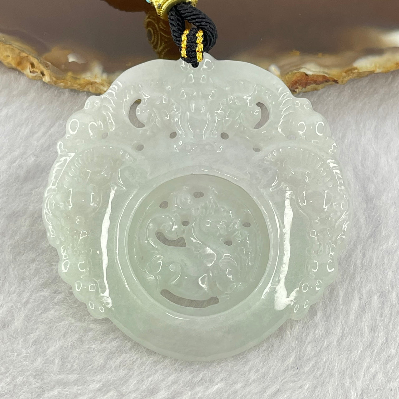 Type A Faint Green Lavender Jadeite 3 Goats and Movable Pixiu Pendent 27.01g 51.1 by 5.5mm