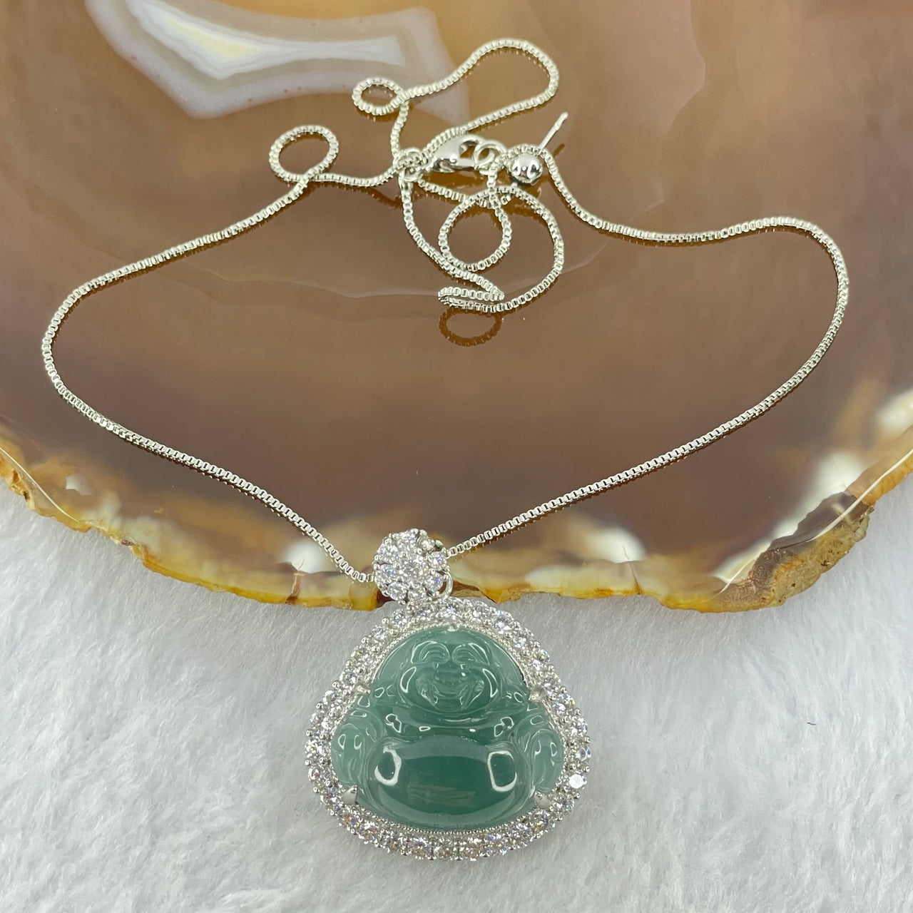 Type A Icy Blueish Green Jadeite Milo Buddha Pendent with Crystals in S925 Sliver Setting and Chain 11.73g 20.8 by 23.5 by 3.5mm