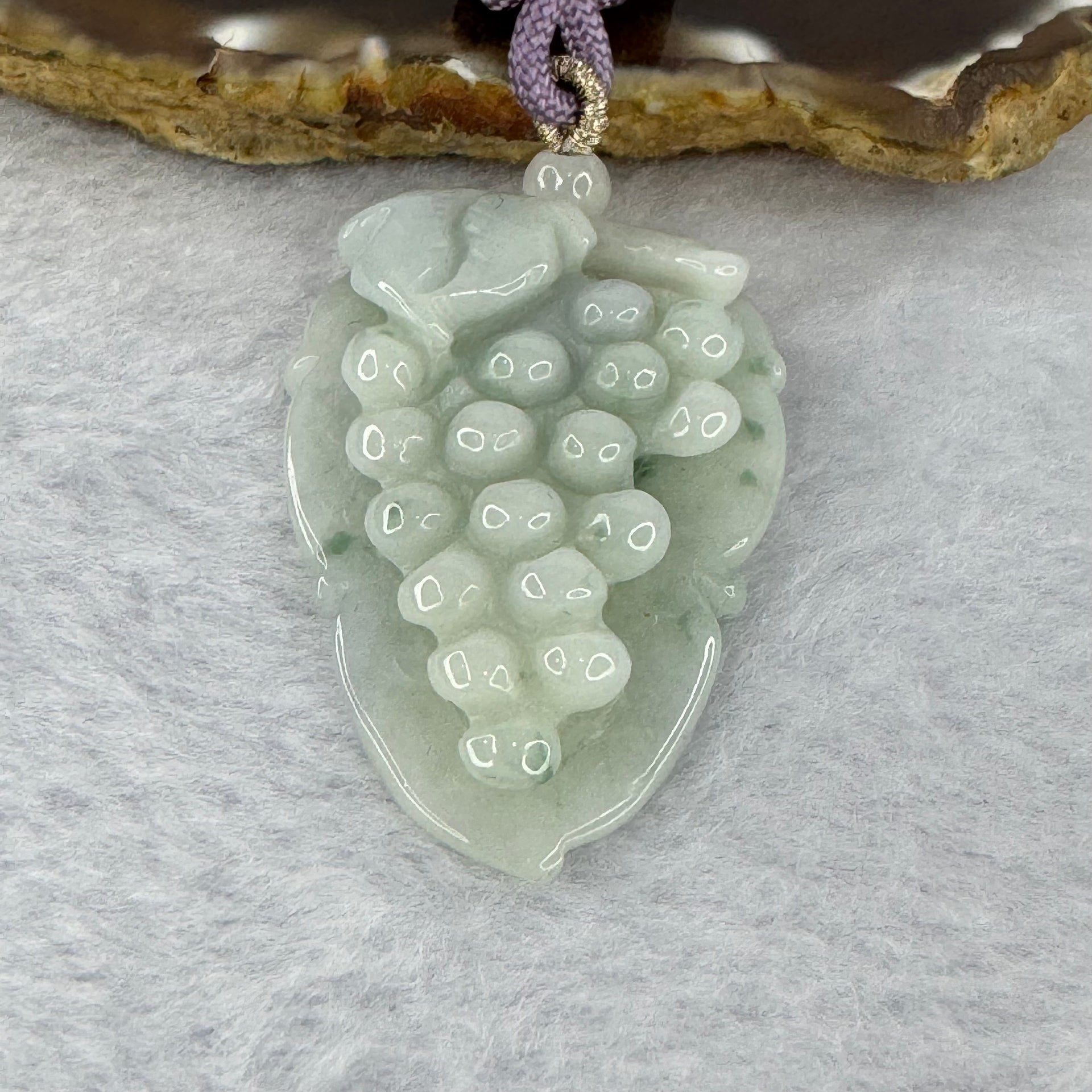 Type A Light Green with Light Lavender Jadeite Grape Pendent/Necklace 22.73g 44.6 by 30.4 by 10.9 mm - Huangs Jadeite and Jewelry Pte Ltd