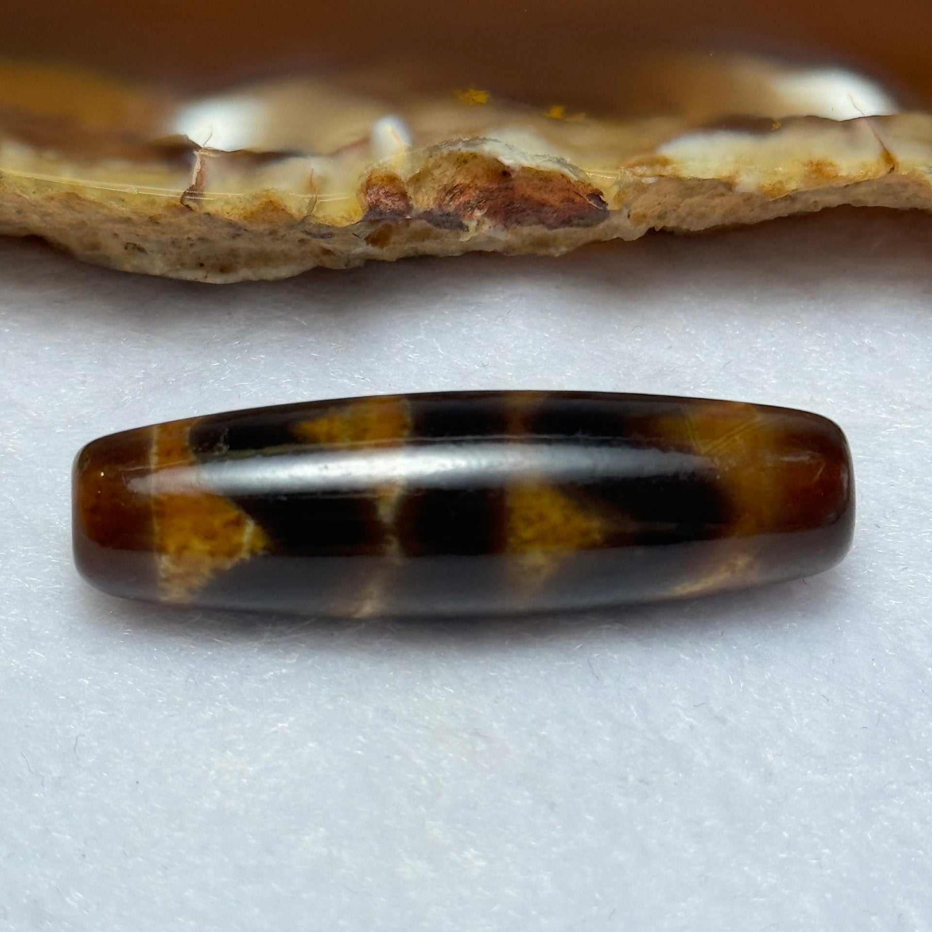 Natural Powerful Tibetan Old Oily Agate Double Tiger Tooth Daluo Dzi Bead Heavenly Master (Tian Zhu) 虎呀天诛 7.25g 38.5 by 11.1mm - Huangs Jadeite and Jewelry Pte Ltd