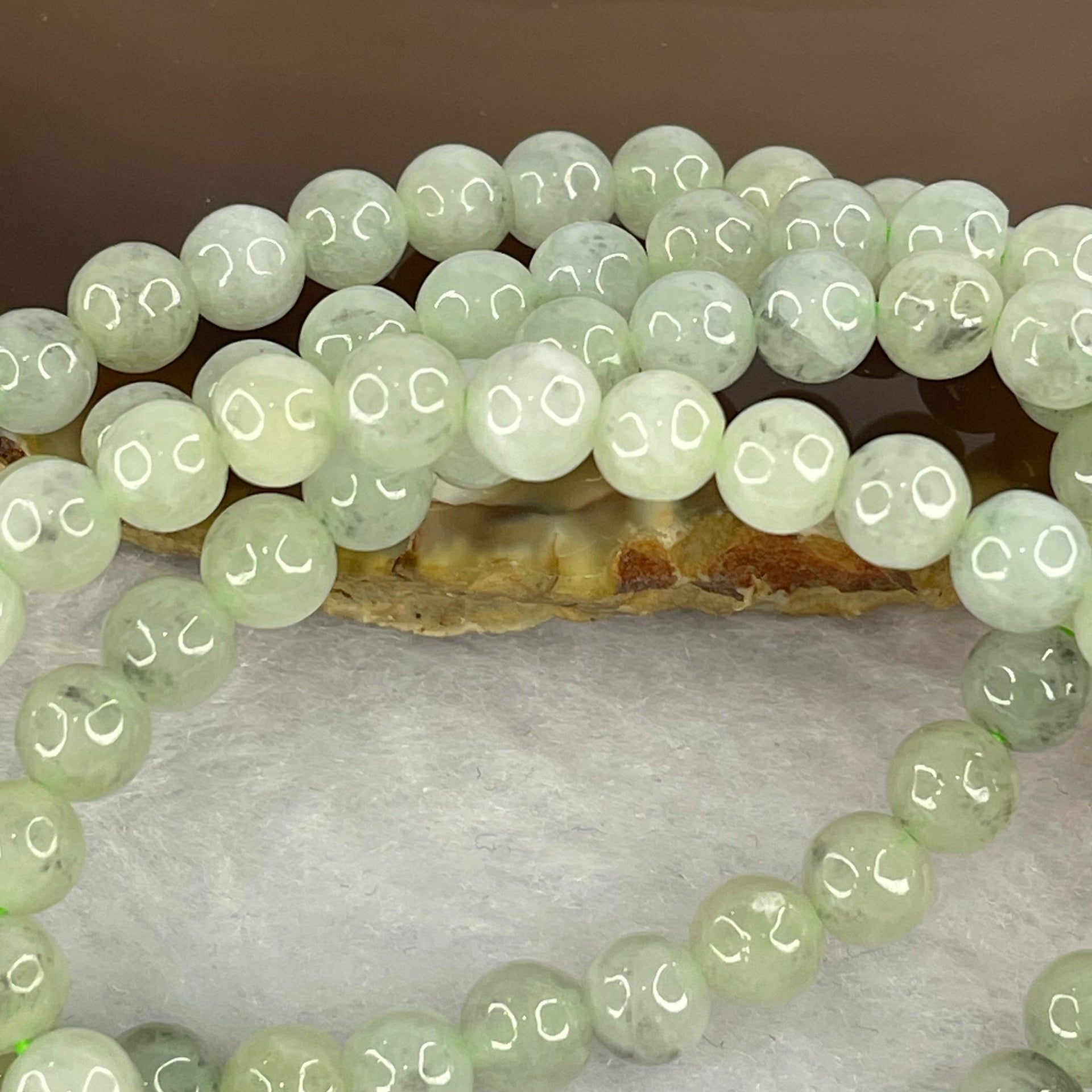 Type A Semi Icy Green with Wuji Grey Piao Hua Beads Necklace 104 Beads 5.5mm 32.18g - Huangs Jadeite and Jewelry Pte Ltd