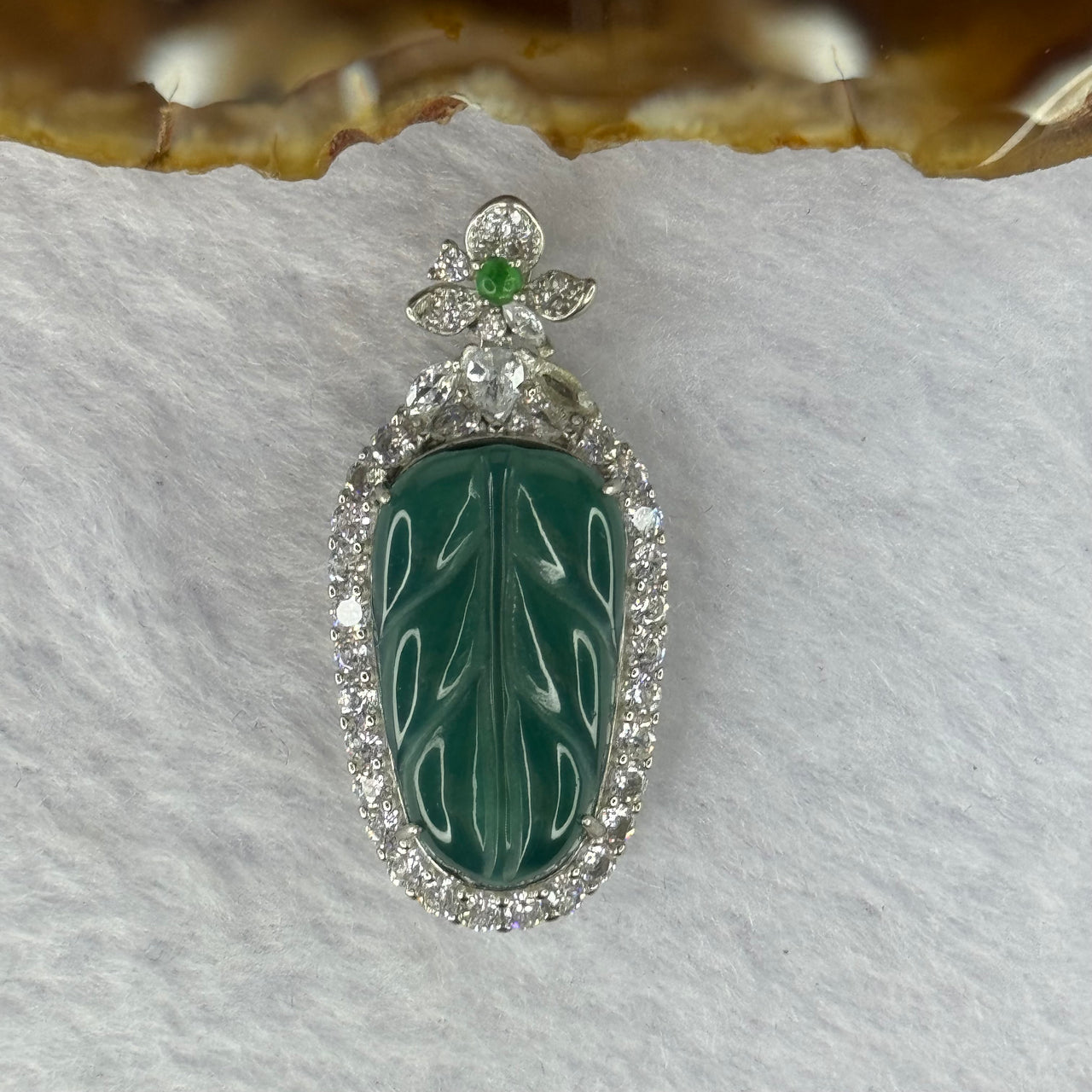 Type A ICY Blueish Green Jadeite Leaf in S925 Silver with Crystals Pendent 7.30g 23.5 by 13.5 by 3.0mm - Huangs Jadeite and Jewelry Pte Ltd