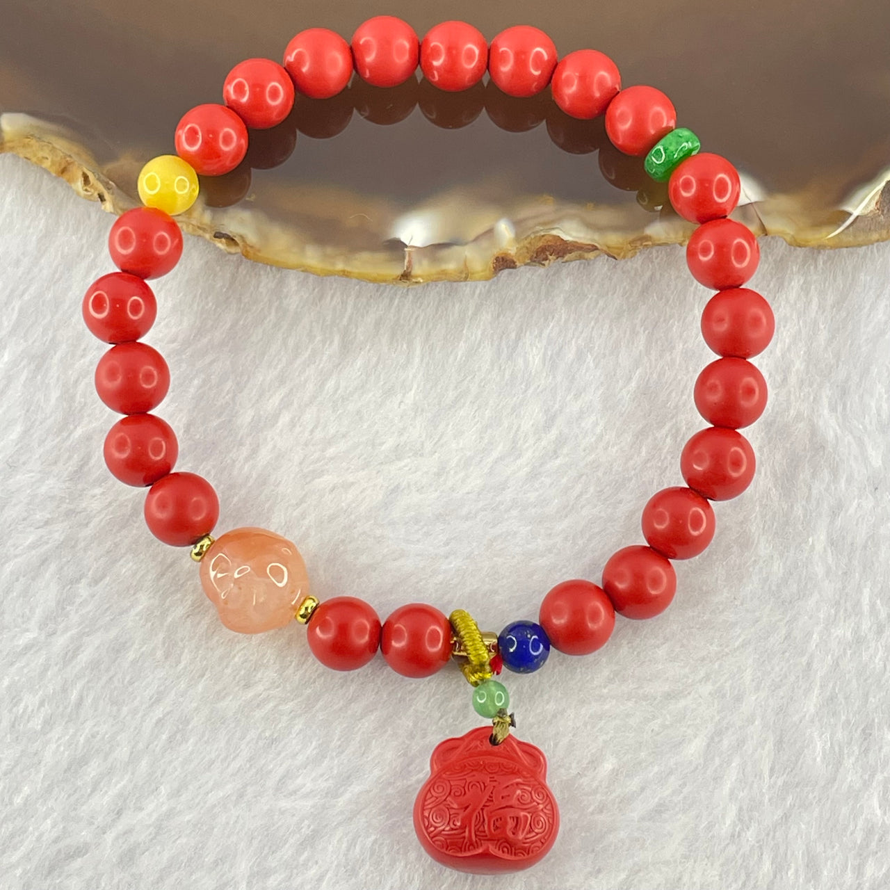 Natural Red Cinnabar Beads Bracelet with Fu Charm and Agate Skull 22.20g 16cm 13.2 by 13.3 by 8.4mm 7.2mm 21 Beads