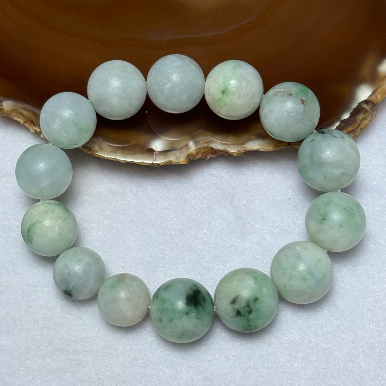 Unpolished Type A Mixed Green with Green Piao Hua with Slight Lavender Jadeite Beads Bracelet 86.79g 18.5cn 16.5mm 14 Beads - Huangs Jadeite and Jewelry Pte Ltd