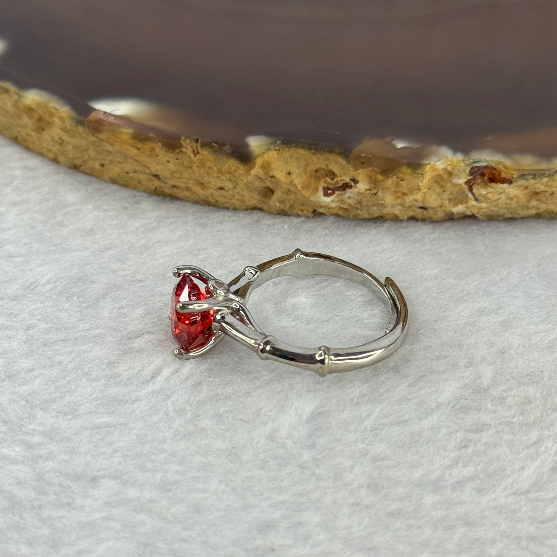 Red Moissanite in 925 Sliver Bamboo Shape Ring (Adjustable Size) S925银红莫桑石戒指 2.5mm 7.5 by 5.0mm - Huangs Jadeite and Jewelry Pte Ltd