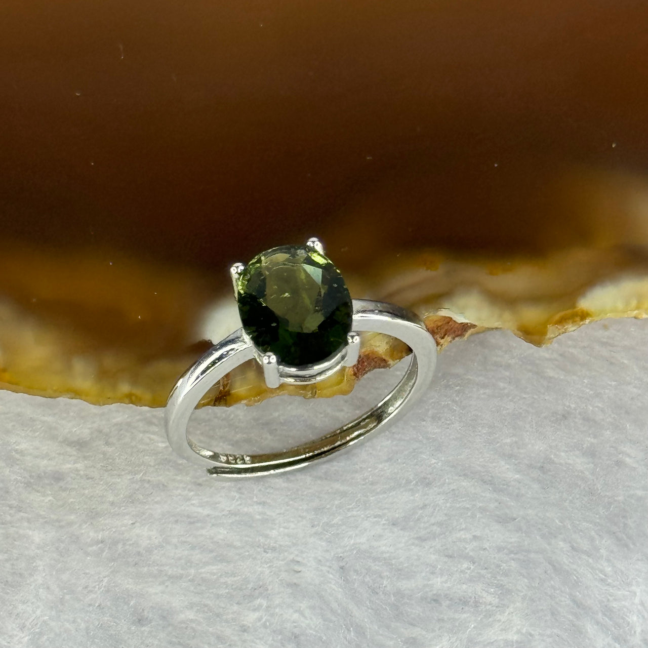 Natural Faceted Czech Republic Moldavite Meteorite Crystal in S925 Sliver Ring (Adjustable Size) 天然捷克陨石925银戒指 1.43g 9.0 by 7.0 by 4.6mm