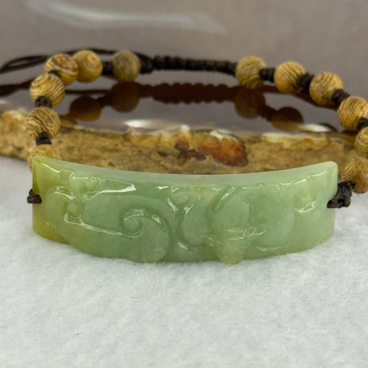 Type A Green Yellow Jadeite Bat and Ruyi Shou Pai with Wooden Beads and String Bracelet 13.28g 51.4 by 13.9 by 6.7mm