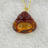 Natural Cognac Amber Milo Buddha in 18K Yellow Gold with S925 Sliver Gold Color Necklace 1.85g 18.2 by 16.8 by 5.5mm