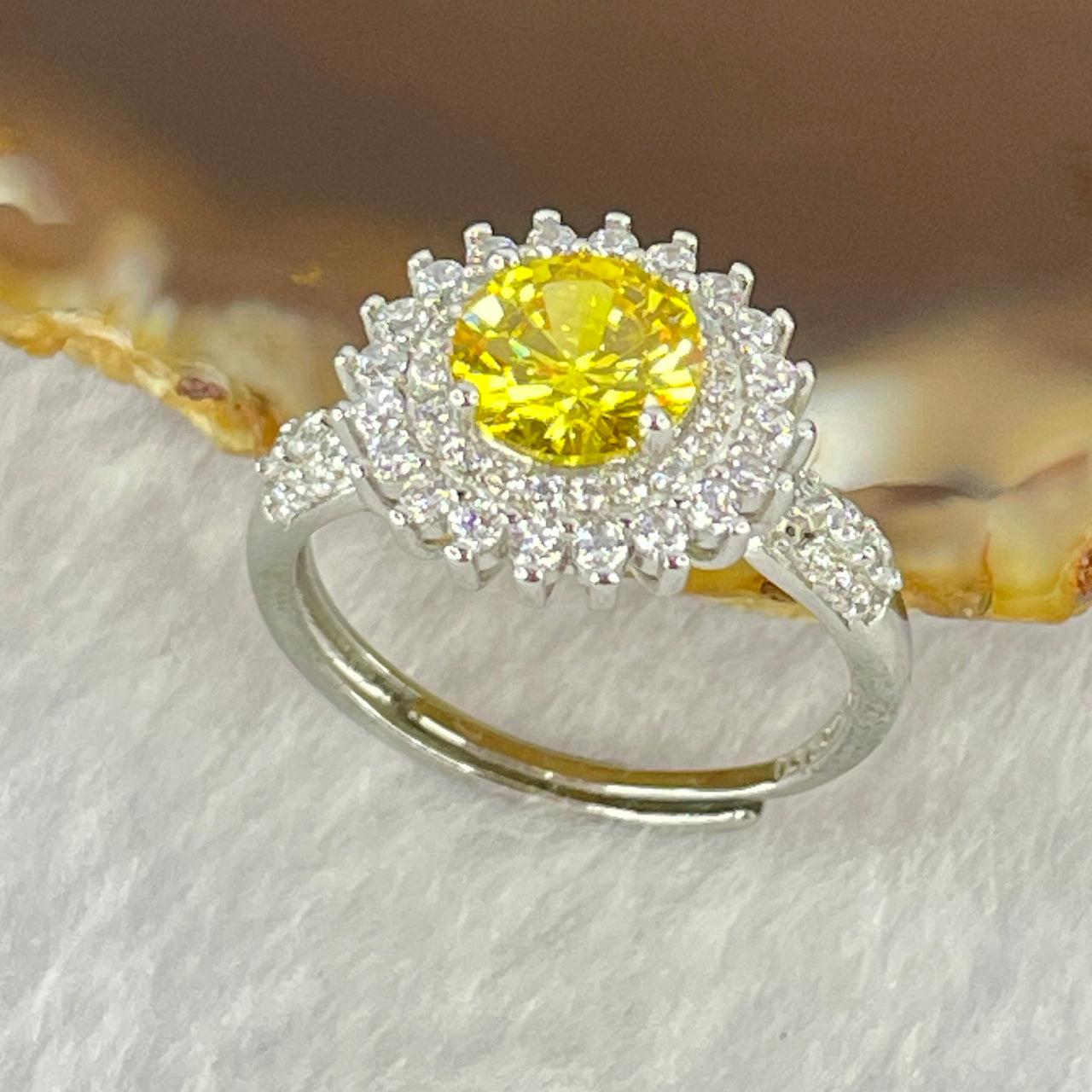 Yellow Cubic Zirconia with Crystals in PT950 Plated Sliver Ring 2.75g 7.5 by 3.5mm