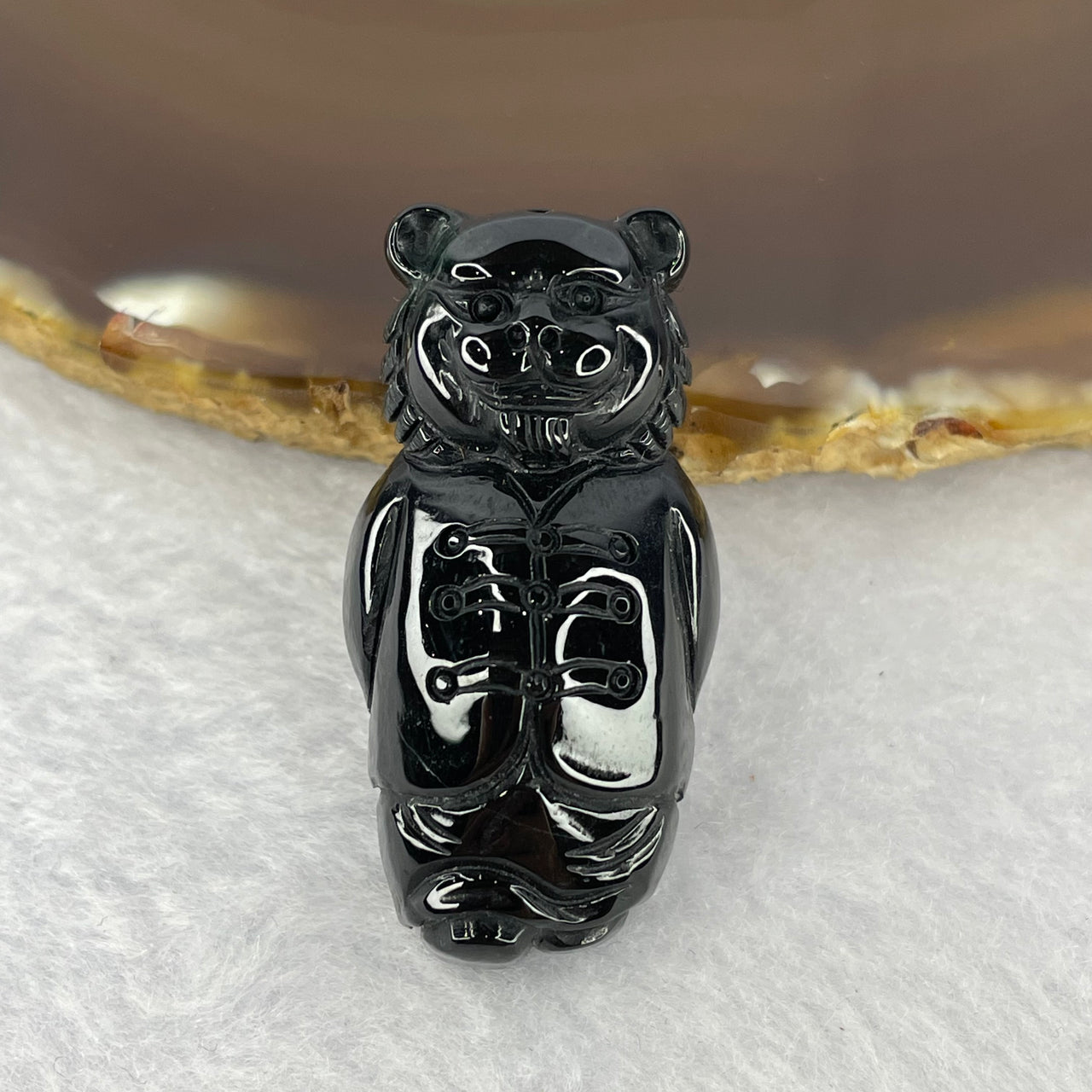 Type A Opaque Black Omphasite Jadeite Tiger Pendant A货墨翠老虎牌 18.92g 38.3 by 18.3 by 14.7mm - Huangs Jadeite and Jewelry Pte Ltd