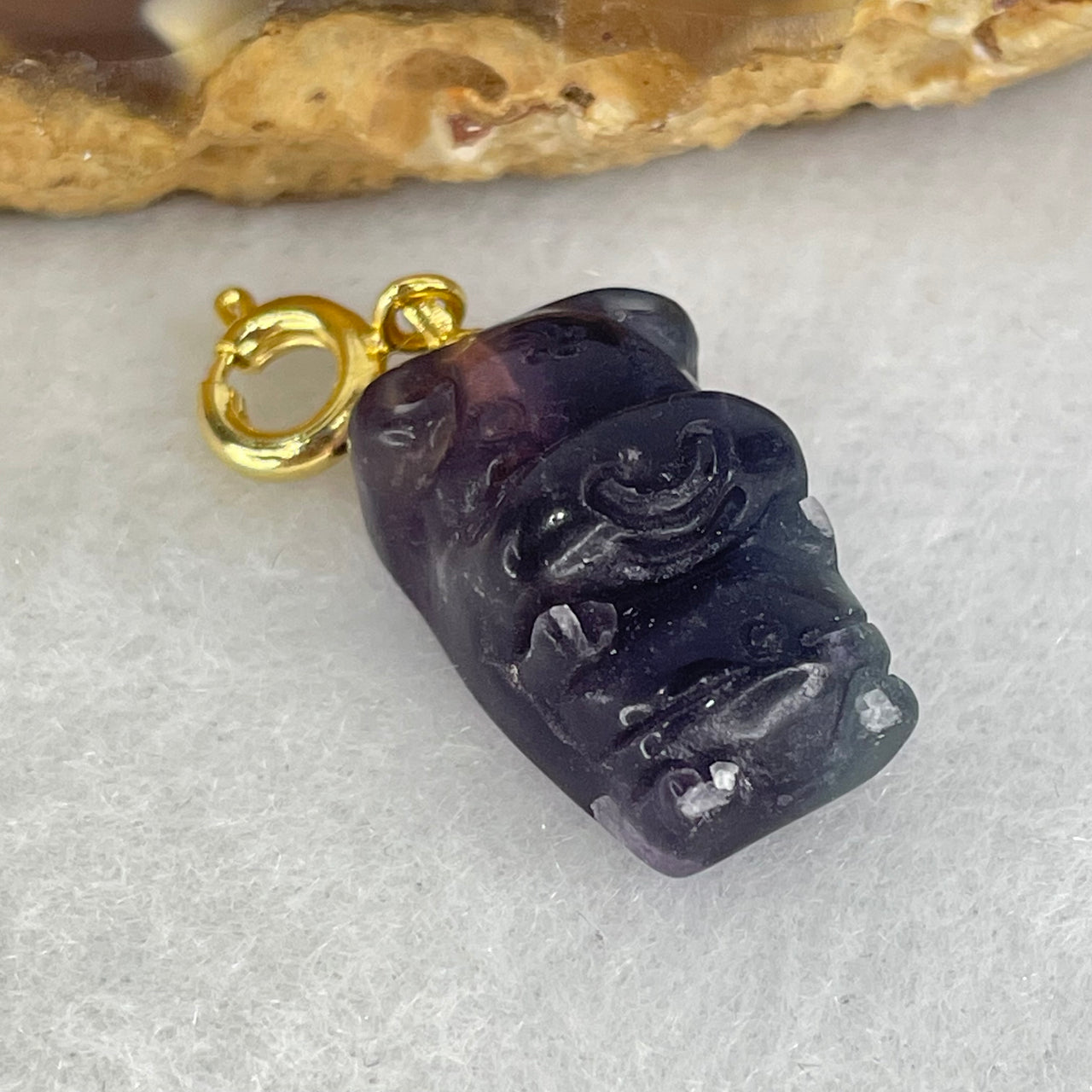 Natural Purple and Green Fluorite Ox Charm Pendant 3.58g 17.4 by 10.8 by 8.7mm