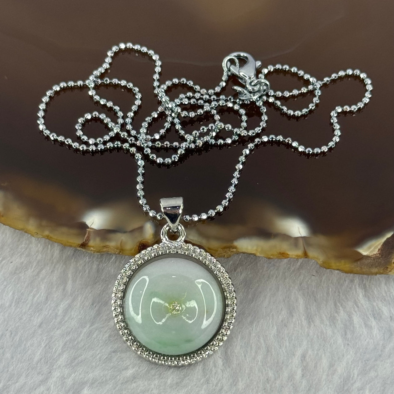 Type A Light Green Jadeite Ping An Kou Donut 15.6 by 6.0mm Pendent with S925 Sliver Necklace 7.12g