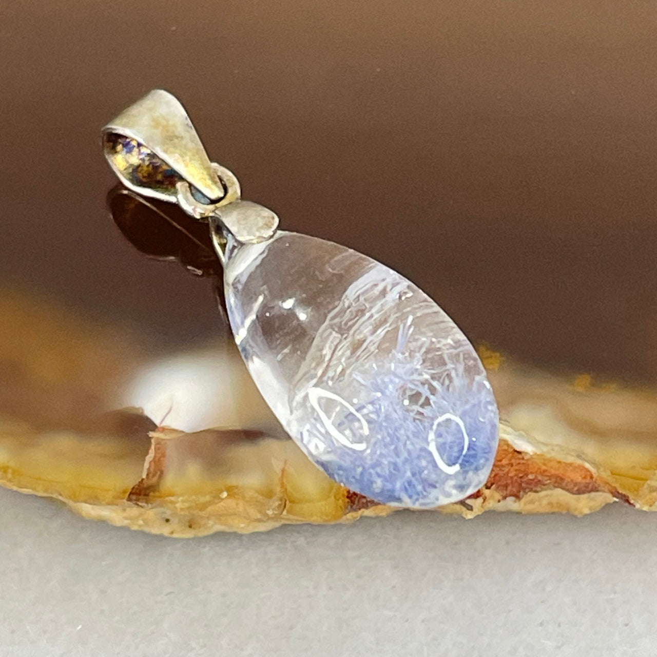 Rare Very Good Grade Natural Blue Dumortierite Rutilated Quartz Teardrop Pendant with S925 Sliver Clasps 1.61g 17.2 by 9.0 by 7.2mm