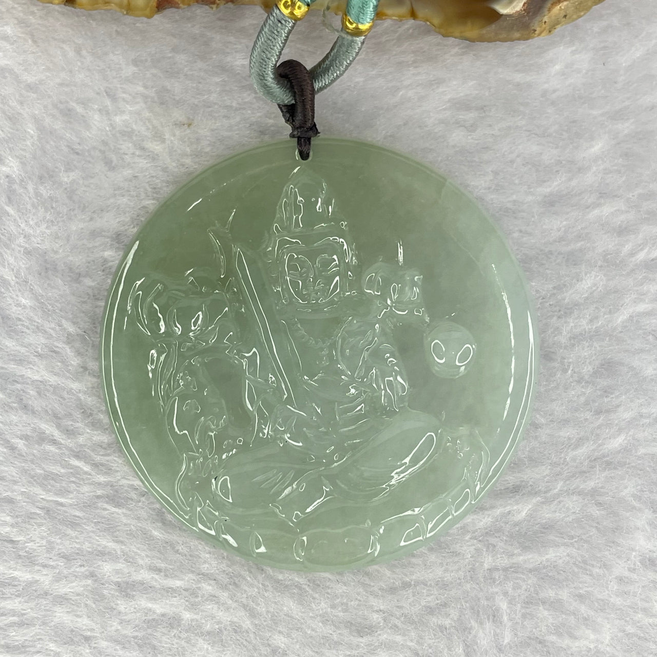 Type A Semi Icy Light Green Jadeite Guan Yin Pendant 24.18g 48.4 by 4.8mm - Huangs Jadeite and Jewelry Pte Ltd