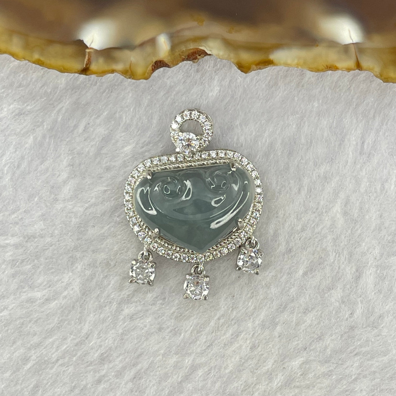 Type A Icy Blueish Green Jadeite Ruyi Pendent with Crystals in S925 Sliver Setting 4.50g 12.2 by 16.6 by 4.5mm