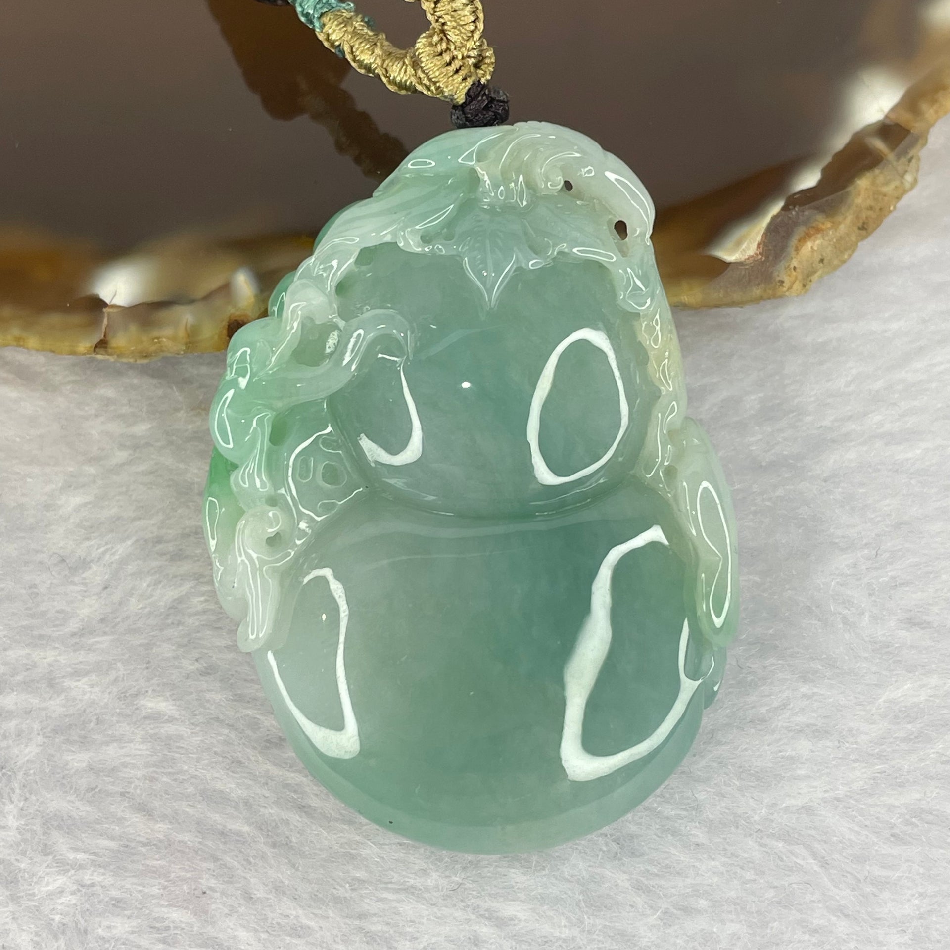 Grand Master Type A Sky Blue with Bright Green Hulu with Monkey & Ruyi 38.25g 50.0 by 36.7 by 11.4mm with Wooden Stand - Huangs Jadeite and Jewelry Pte Ltd