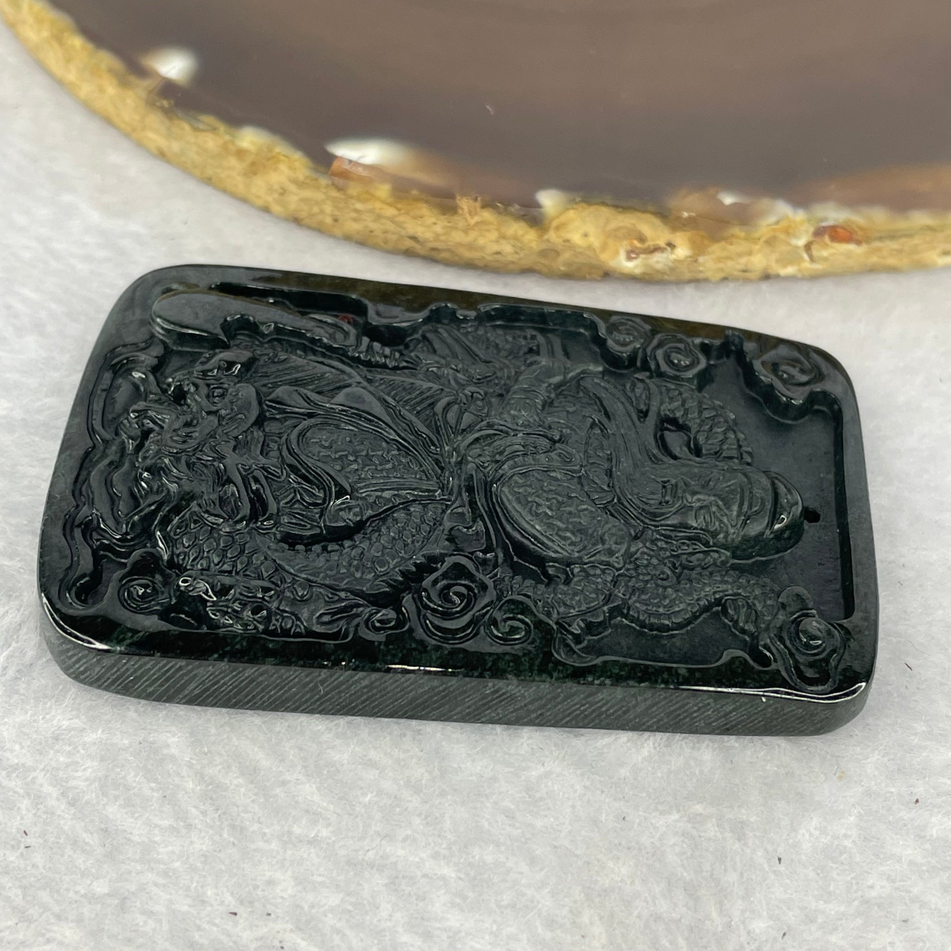 Type A Partial Translucent Black Omphasite Jadeite Guan Gong with Dragon Pendent A货部分半透明黑色绿辉石翡翠关公龙吊坠 35.15g 66.6 by 44.6 by 7.4 mm - Huangs Jadeite and Jewelry Pte Ltd