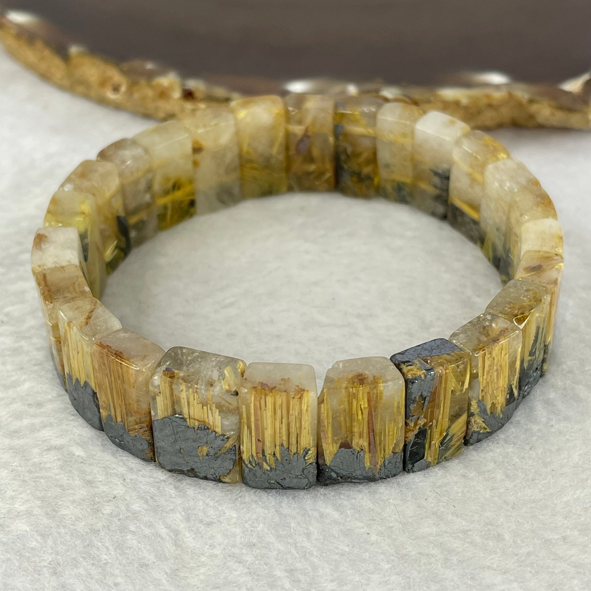 Rare Certified High Grade Natural Golden Rutilated Quartz Bracelet Shou Pai 天然高级金顺发水晶手牌手链 50.63g 18cm 15.7 by 9.9 by 6.2mm 25 pcs - Huangs Jadeite and Jewelry Pte Ltd