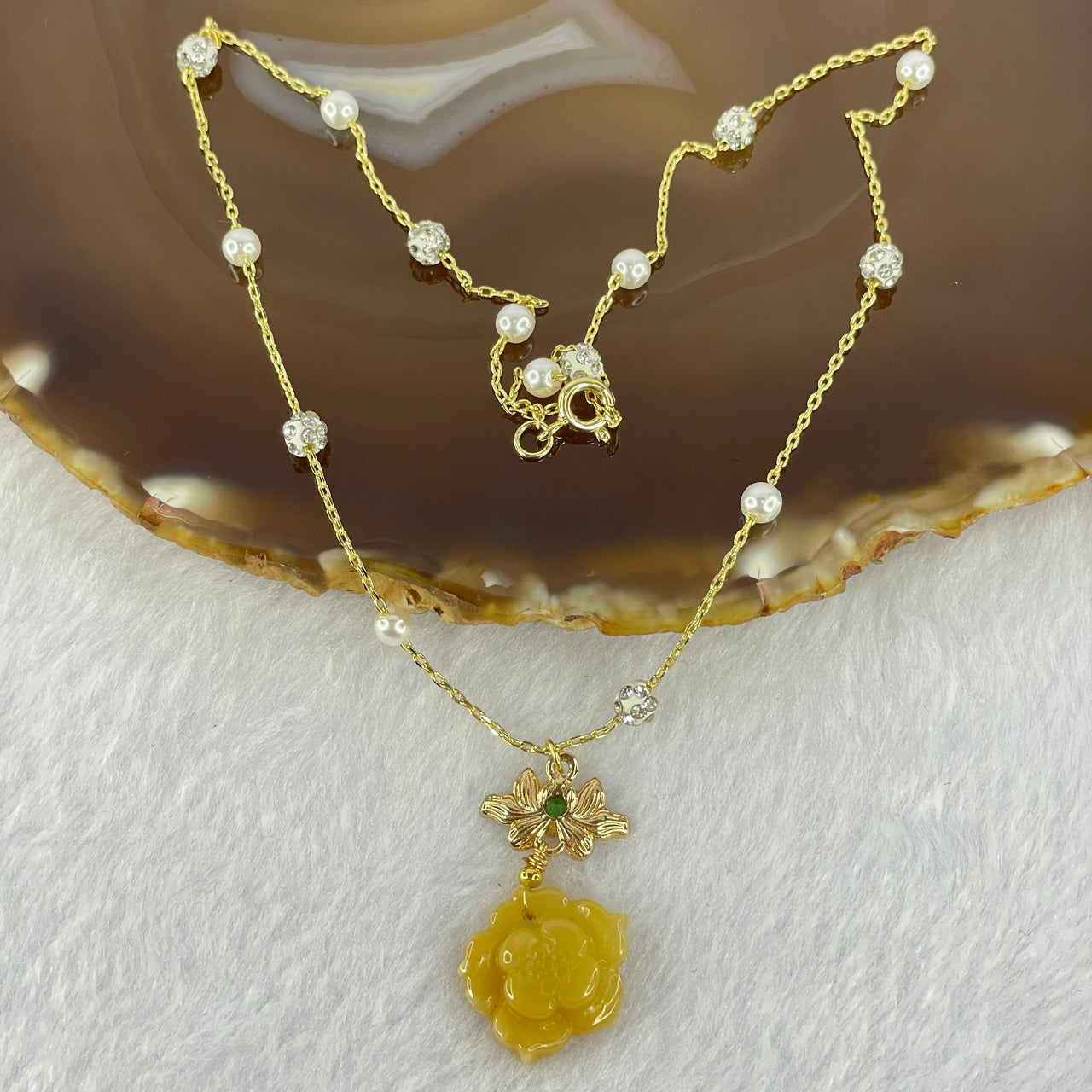 Type A Yellow Jadeite Flower 15.7 by 17.3 by 5.2mm with Crystals in Gold Color Necklace 5.70g