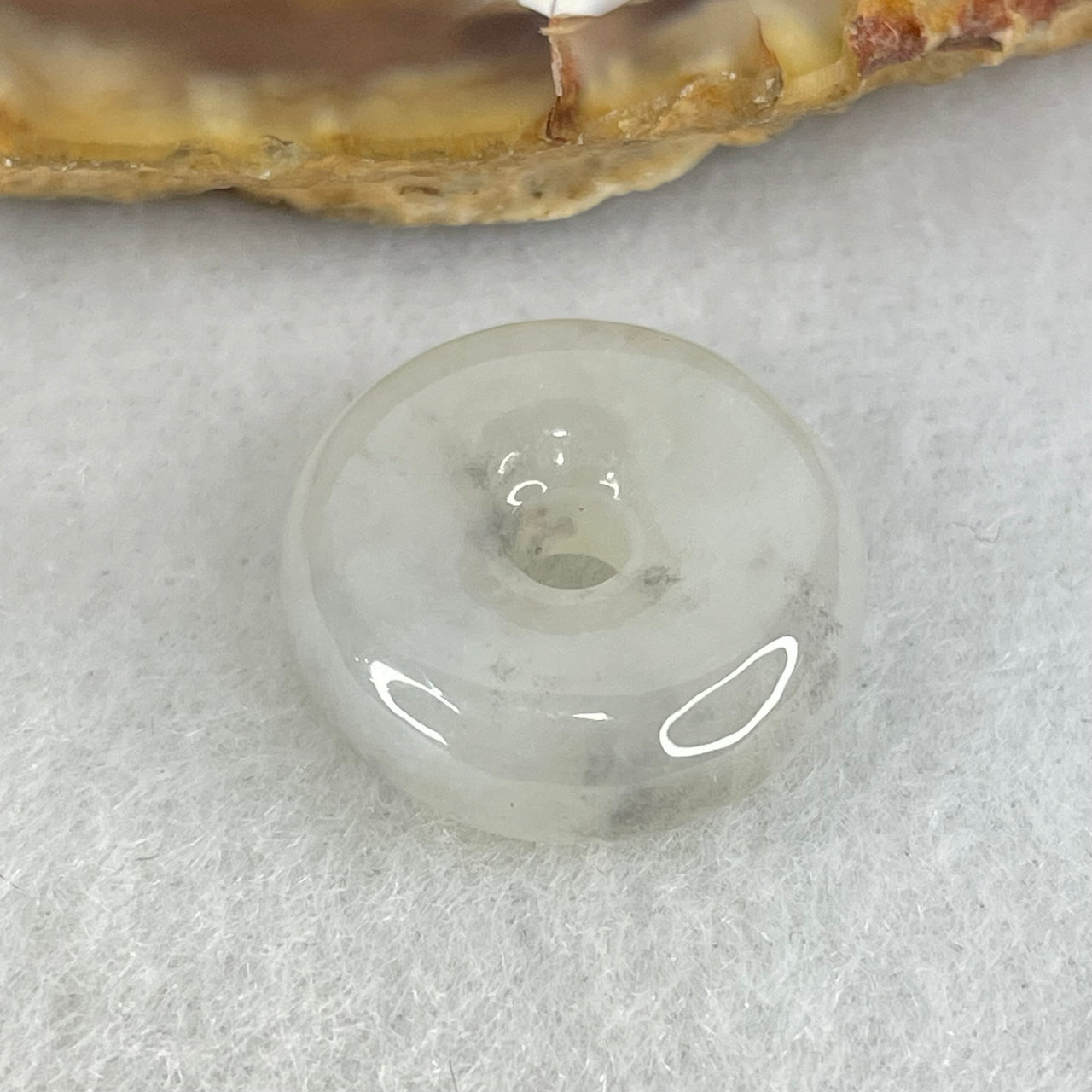 Type A Semi Icy Faint Lavender Green With Wuji Grey Piao Hua Jadeite Ping An Kou Donut Pendant 3.26g 16.2 by 6.1mm