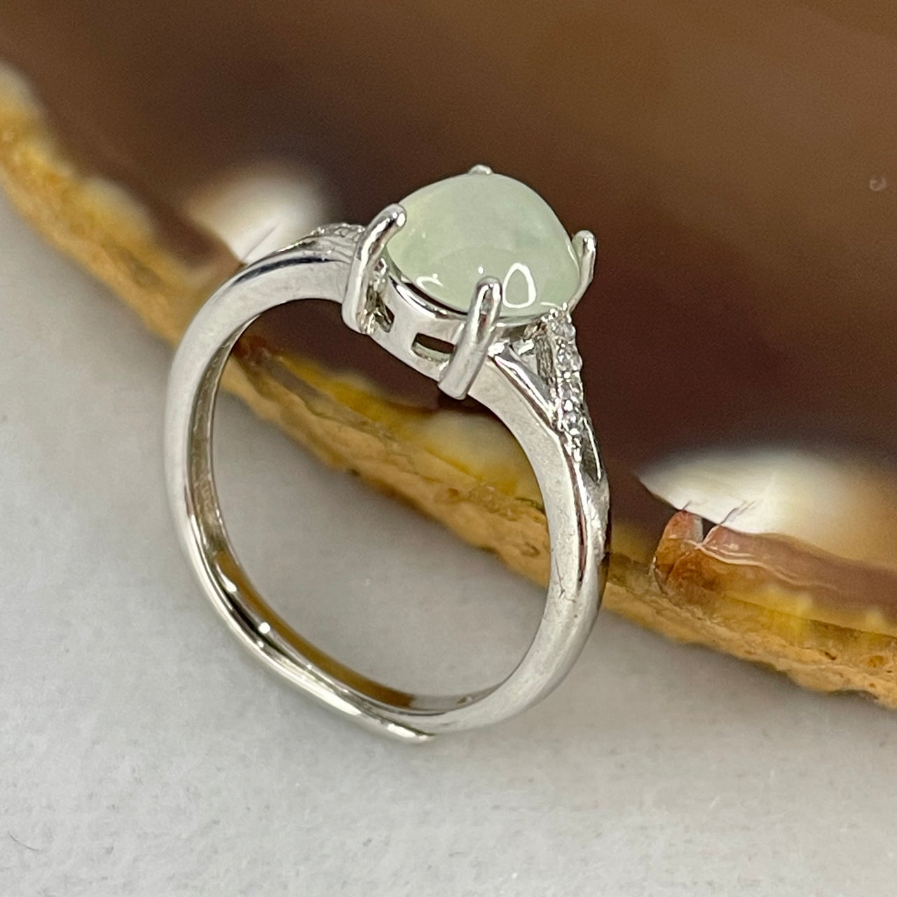 Type A Semi Icy Light Green Jadeite Cabochon in S925 Sliver Ring  (Adjustable Size) 1.70g 7.1 by 6.6 by 3.5mm