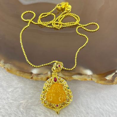 Natural Butterscotch Amber Milo Buddha with Crystals in Gold Color Necklace 5.64g 12.2 by 11.8 by 3.2mm