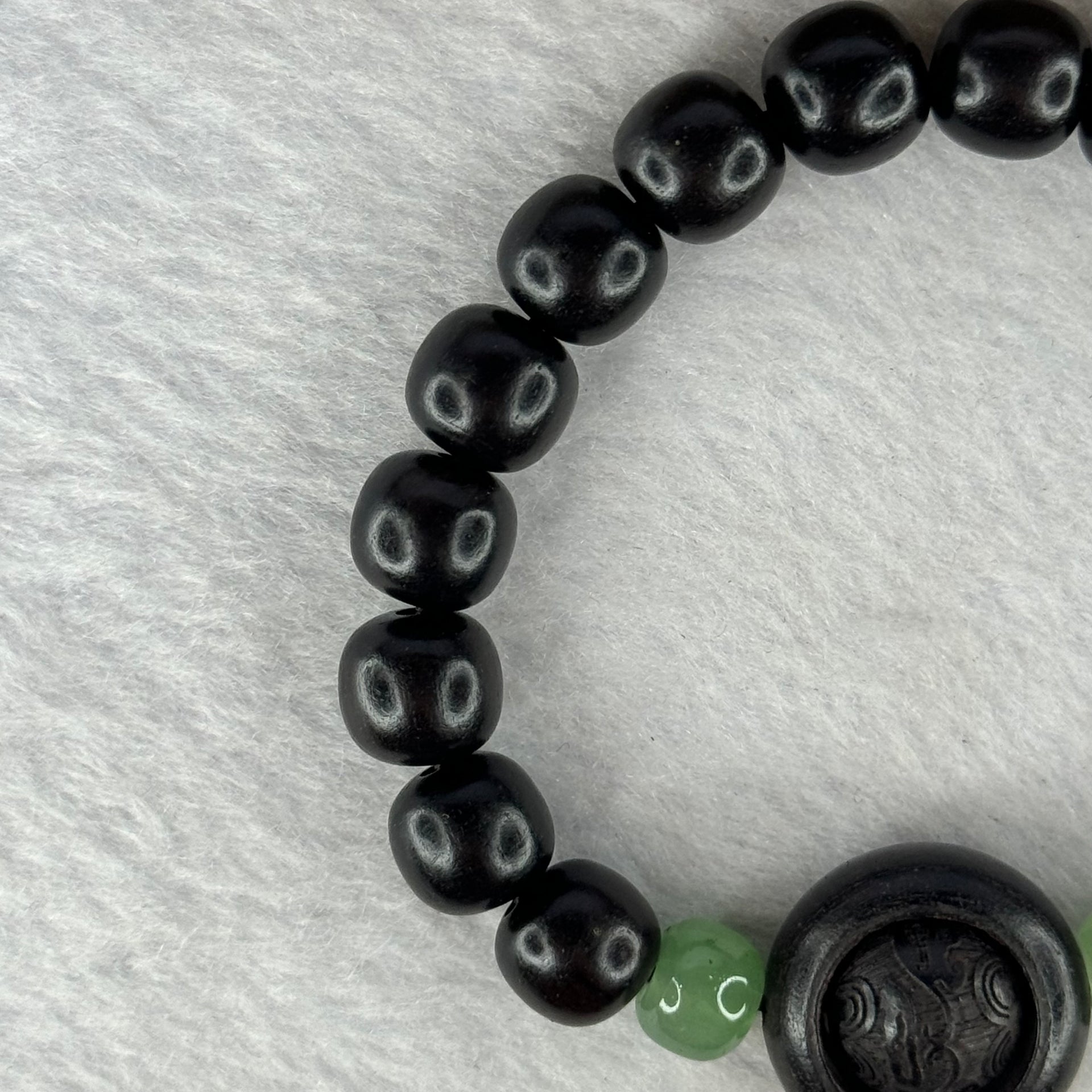 Natural Black Ebony Wood Beads with Movable Pixiu Pair and Coin Bead Bracelet 天然黑檀木珠手链 15.27g 16.5cm 10.0mm 17 Beads - Huangs Jadeite and Jewelry Pte Ltd