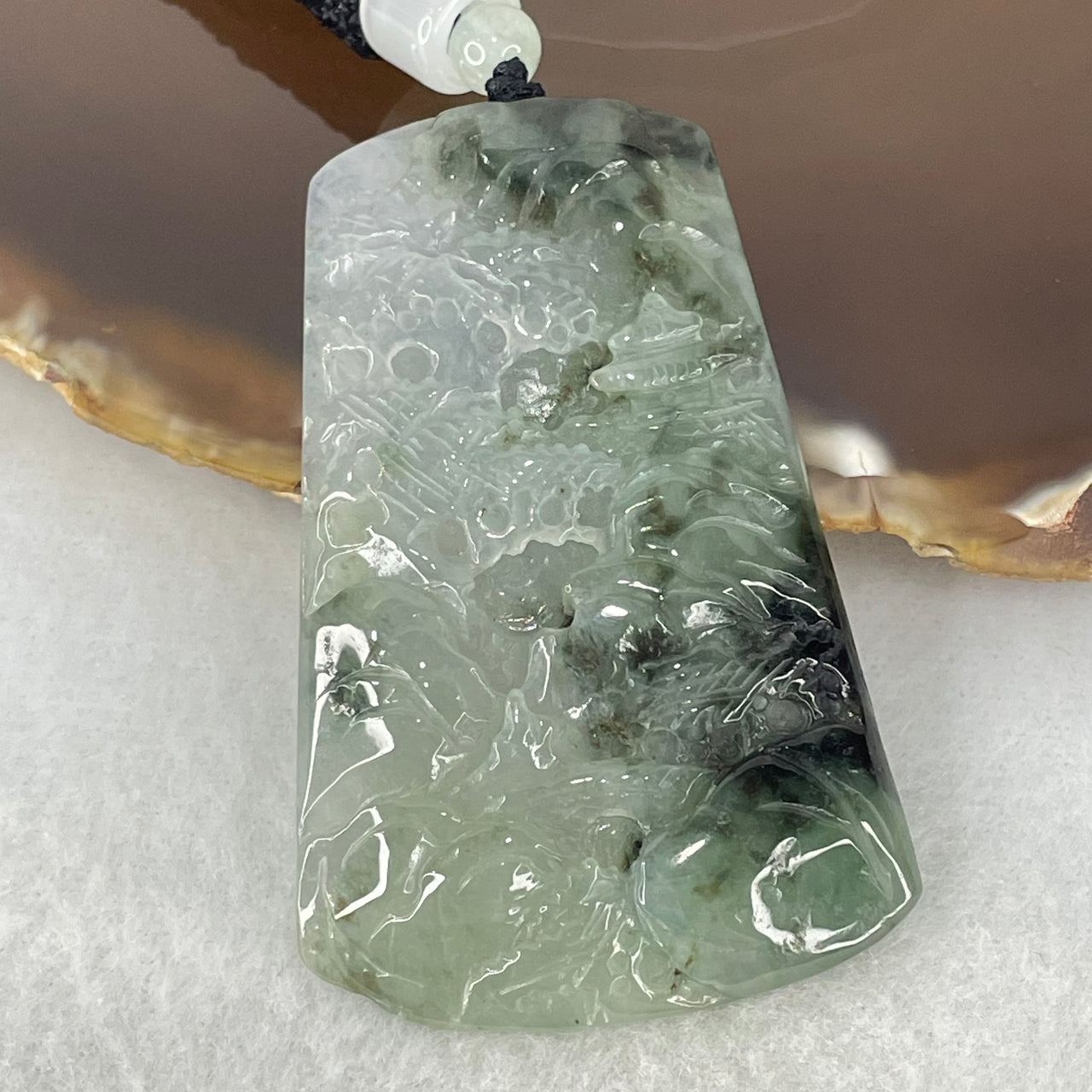 Type A Semi Icy Lavender with Dark Green Piao Hua Jadeite Shan Shui with Gui Ren Benefactor Pendant 23.74g 58.1 by 37.9 by 6.4mm