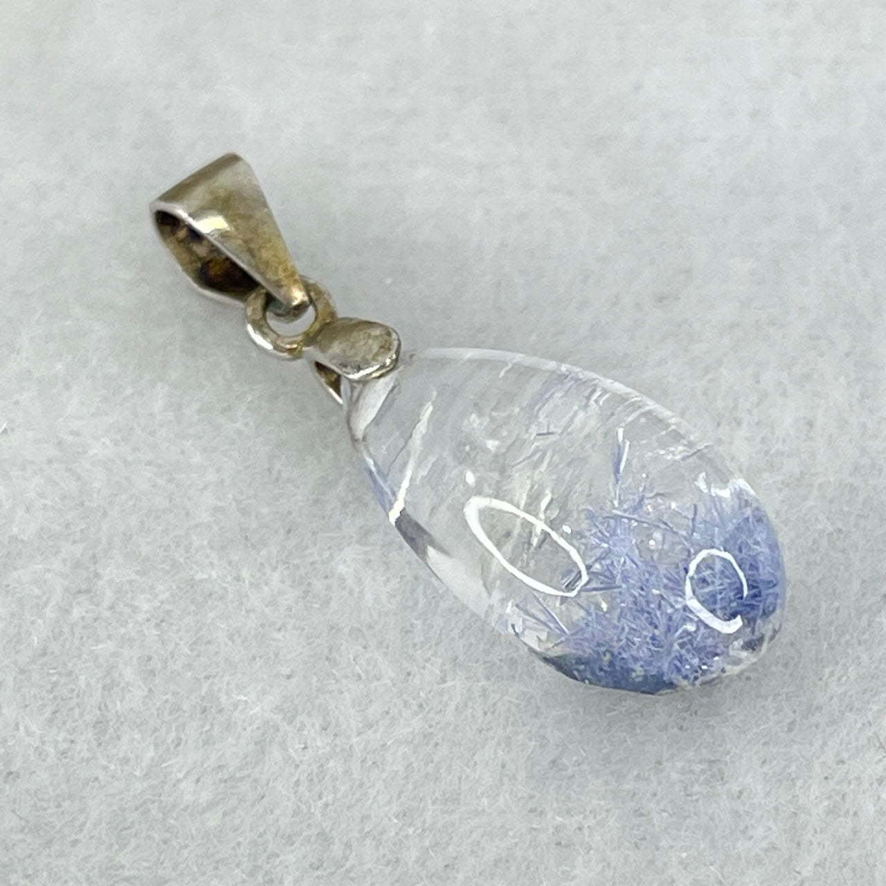 Rare Very Good Grade Natural Blue Dumortierite Rutilated Quartz Teardrop Pendant with S925 Sliver Clasps 1.61g 17.2 by 9.0 by 7.2mm