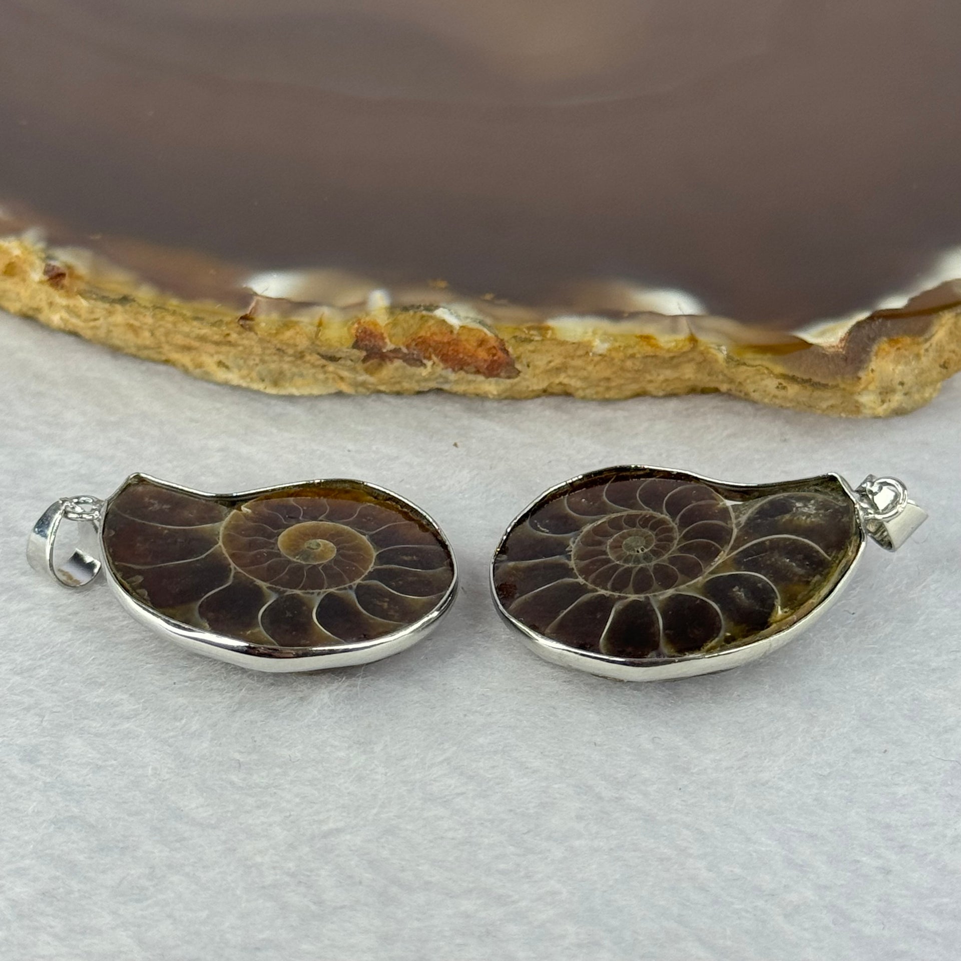 Natural Ammolite Fossil In Sliver Pendent/Charm Pair Total Weight 11.88g Each About 26.1 by 20.7 by 7.5mm - Huangs Jadeite and Jewelry Pte Ltd