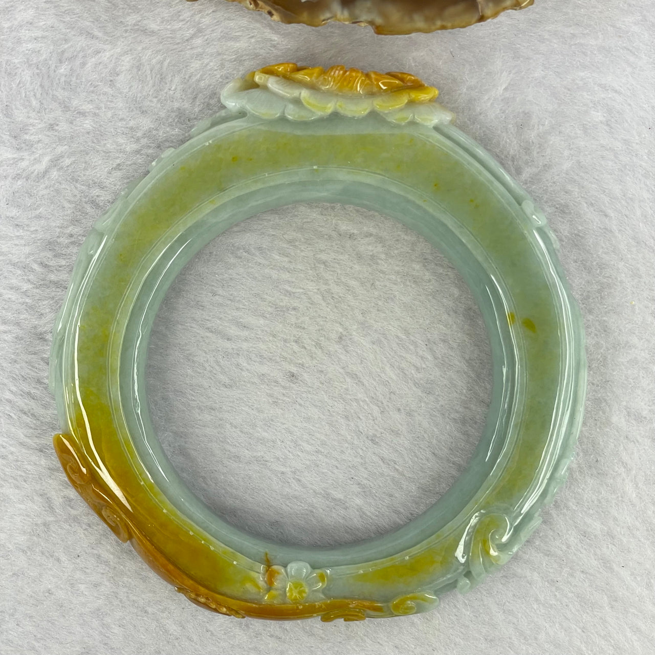 Type A Sky Blue and Yellow Jadeite Lotus Flower and Ruyi Bangle 96.91g Inner Diameter 54.6mm 11.0 by 22.4mm (Very Fine Internal Lines) - Huangs Jadeite and Jewelry Pte Ltd