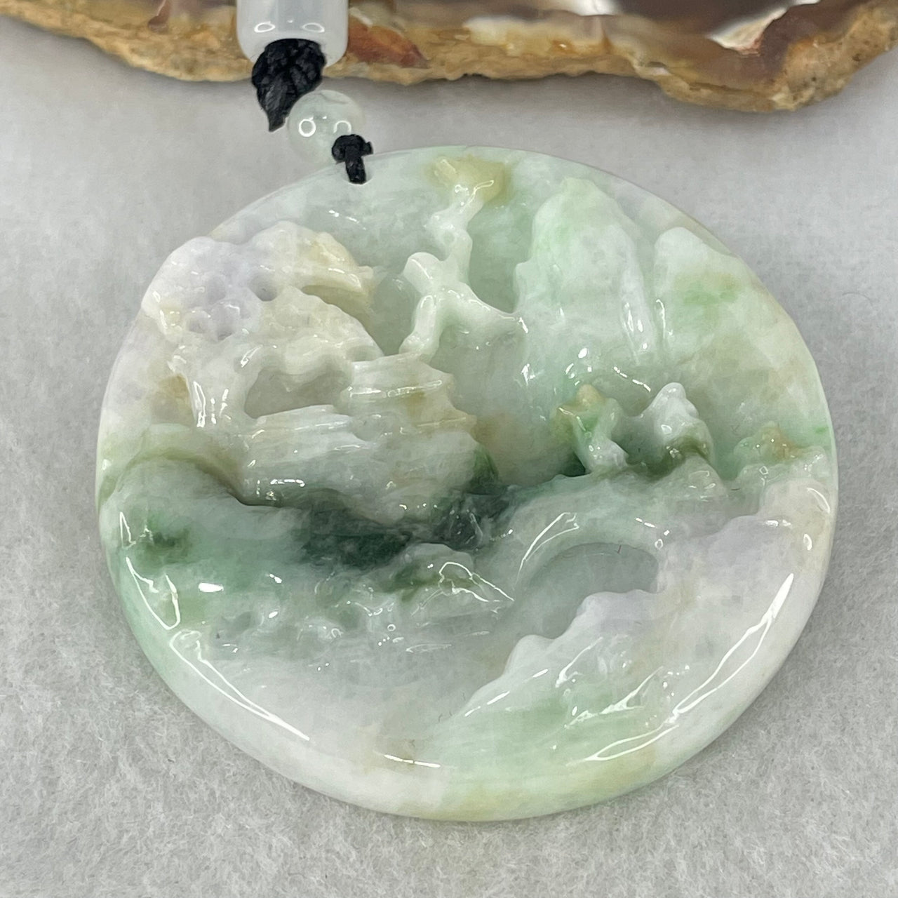 Type A Green Lavender Brown Jadeite Shan Shui with Double Gui Ren Benefactor Pendant 57.94g 53.3 by 9.9mm