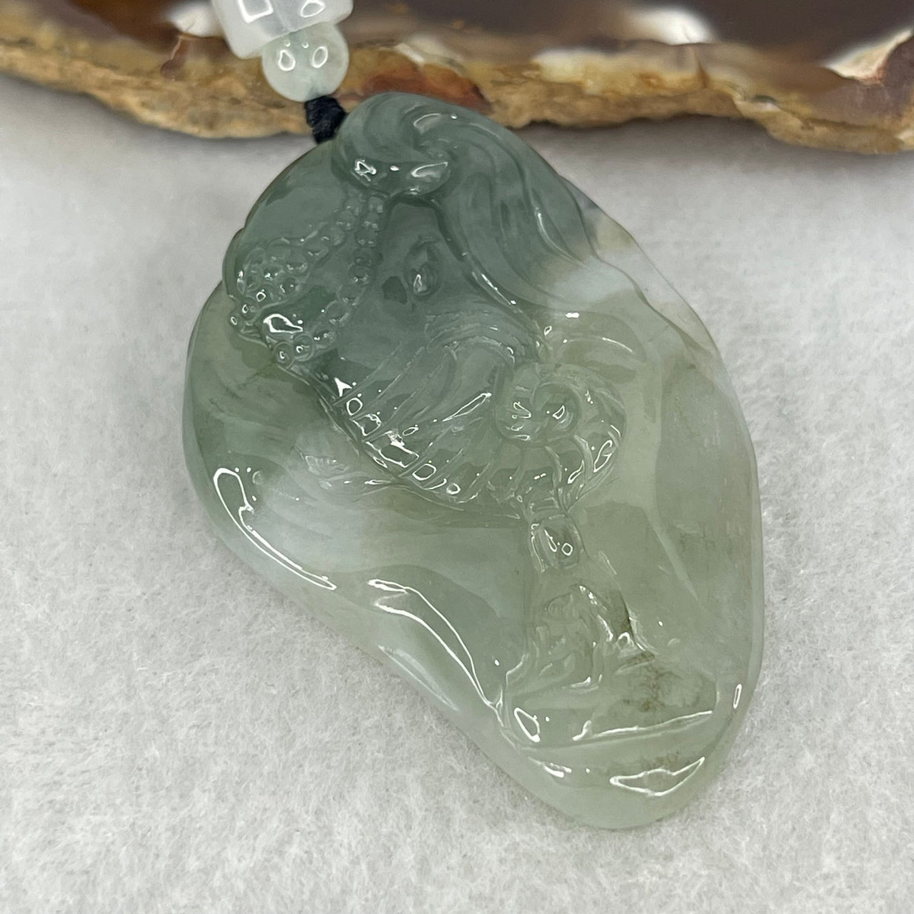 Type A Semi Icy Blueish Green  Jadeite Guan Yin and Elephant Samantabhadra Bodhisattva Pendant 21.65g 51.8 by 33.7 by 7.9mm