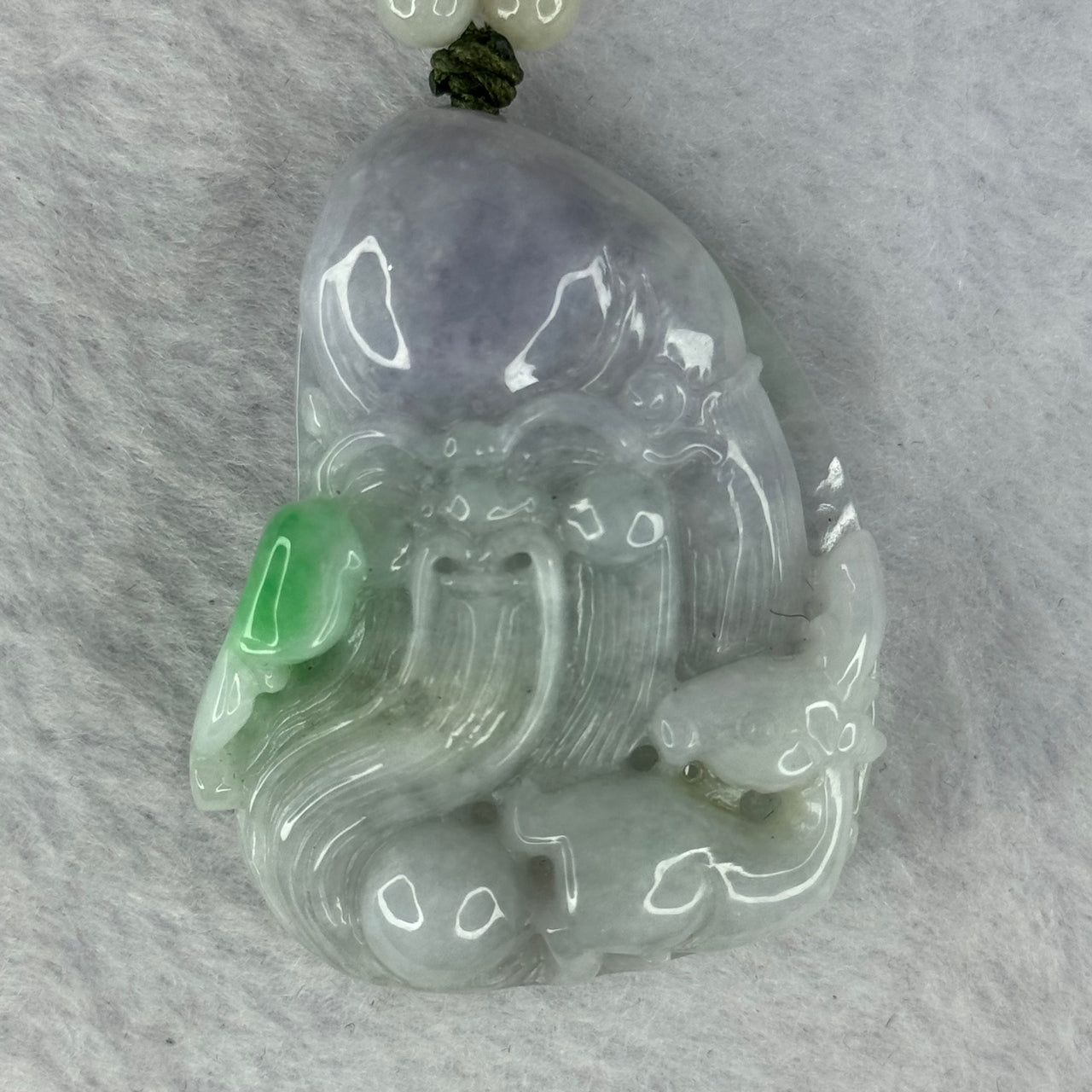 Type A Lavender with Green Patches Jadeite Shou Xing Gong God of Longevity with Deer and Ruyi in Multi Color Jadeite Beads Necklace 91.89g 48.7 by 37.6 by 16.3mm 5.6mm 132 Beads - Huangs Jadeite and Jewelry Pte Ltd