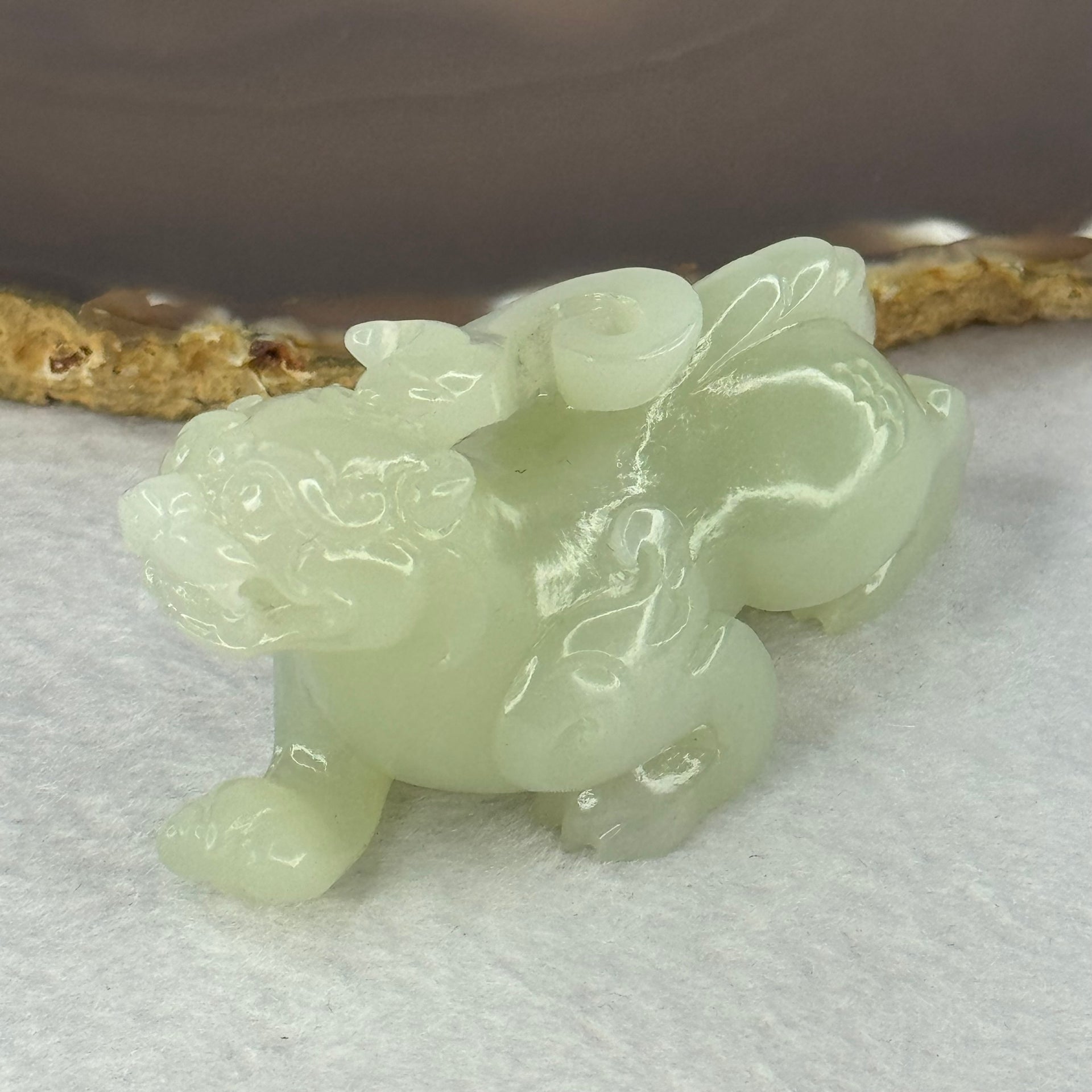 Natural Light Green Nephrite Pixiu Display 89.13g 74.7 by 30.9 by 37.9mm - Huangs Jadeite and Jewelry Pte Ltd